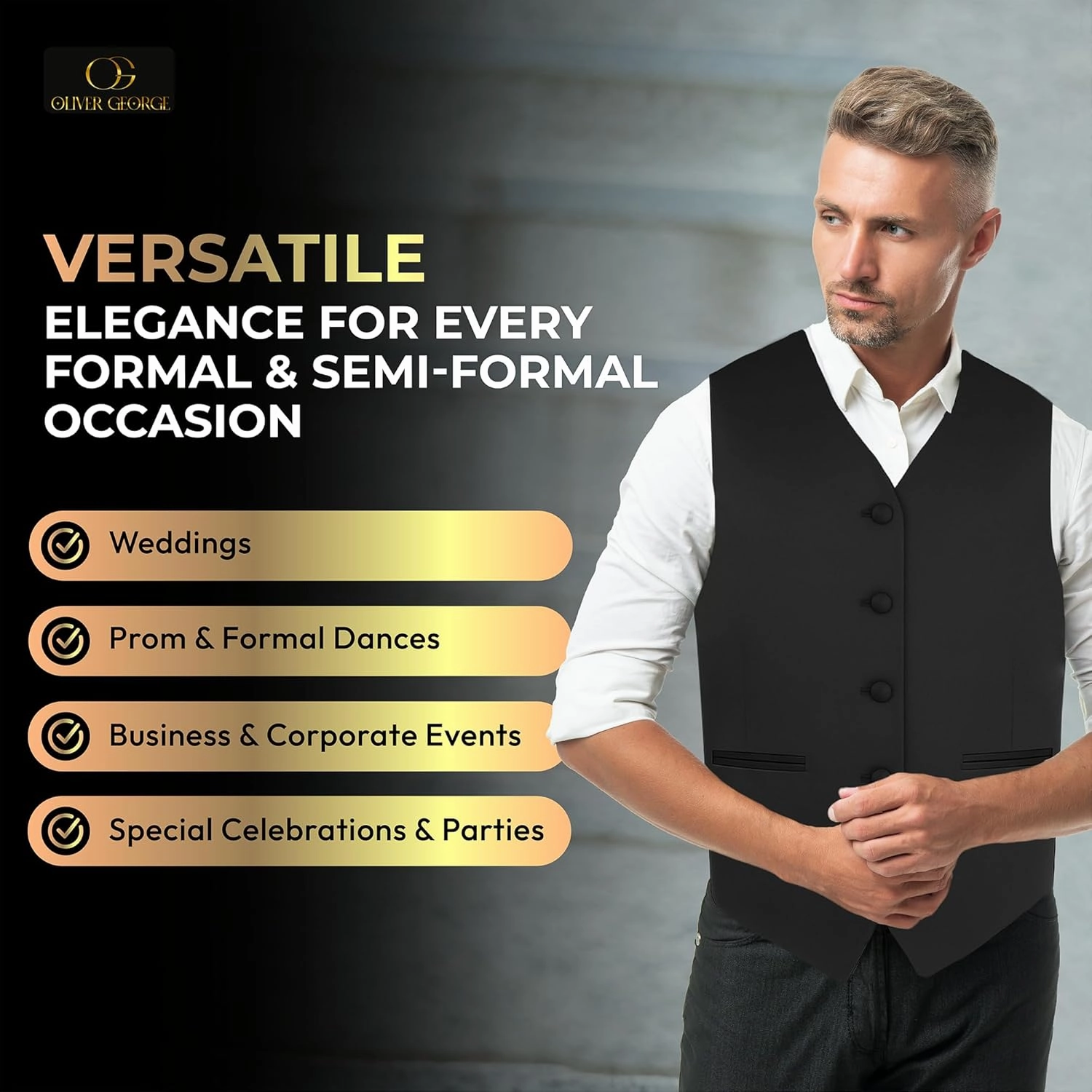Oliver George 4pc Men's Solid Formal Waistcoat Tuxedo Dress Vest Necktie BowTie Handkerchief Set For Suit or Tuxedo