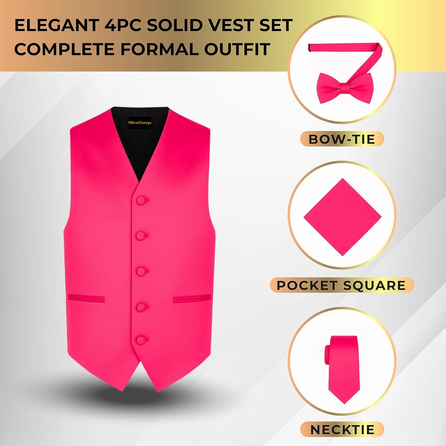 Oliver George 4pc Men's Solid Formal Waistcoat Tuxedo Dress Vest Necktie BowTie Handkerchief Set For Suit or Tuxedo