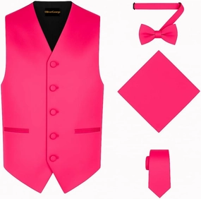 Oliver George 4pc Men's Solid Formal Waistcoat Tuxedo Dress Vest Necktie BowTie Handkerchief Set For Suit or Tuxedo