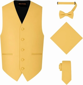 Oliver George 4pc Men's Solid Formal Waistcoat Tuxedo Dress Vest Necktie BowTie Handkerchief Set For Suit or Tuxedo