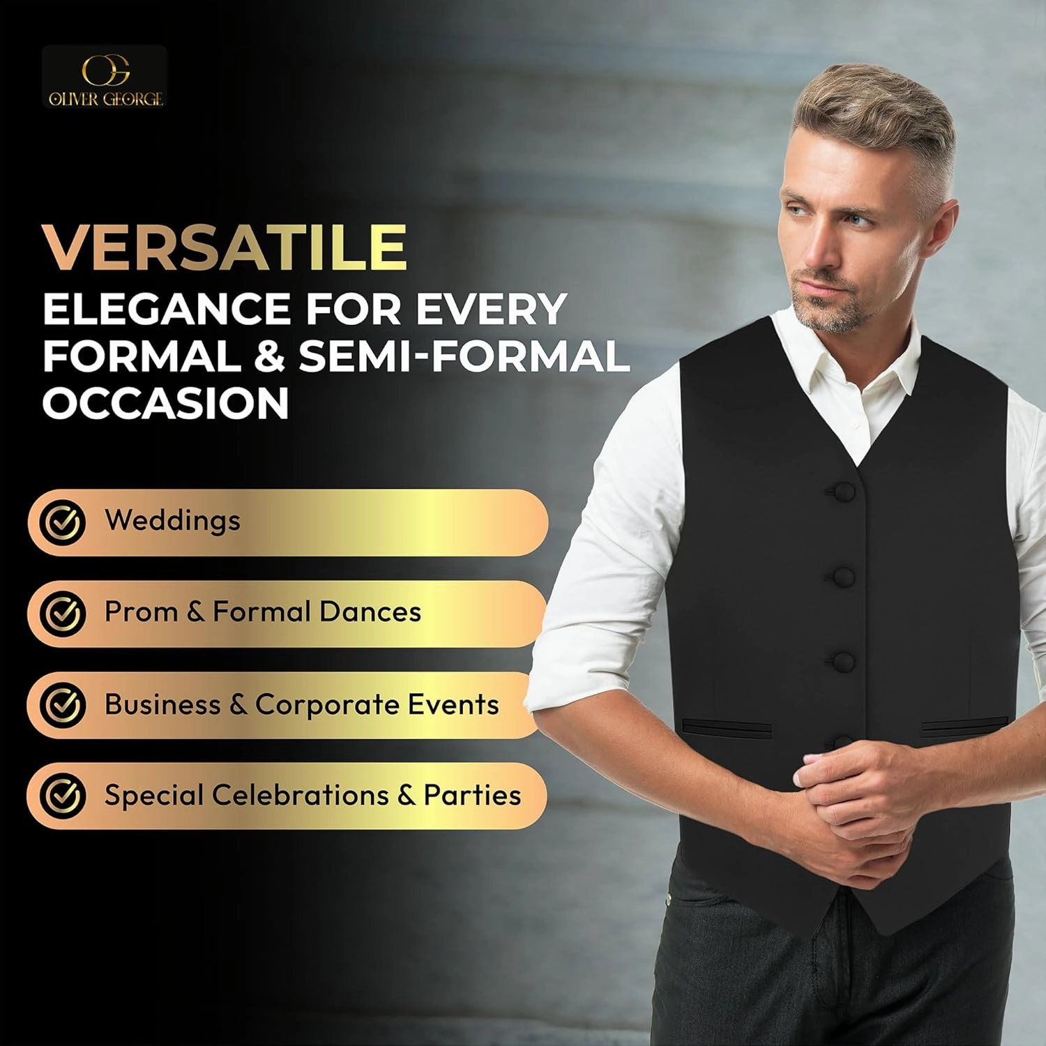 Oliver George 4pc Men's Solid Formal Waistcoat Tuxedo Dress Vest Necktie BowTie Handkerchief Set For Suit or Tuxedo