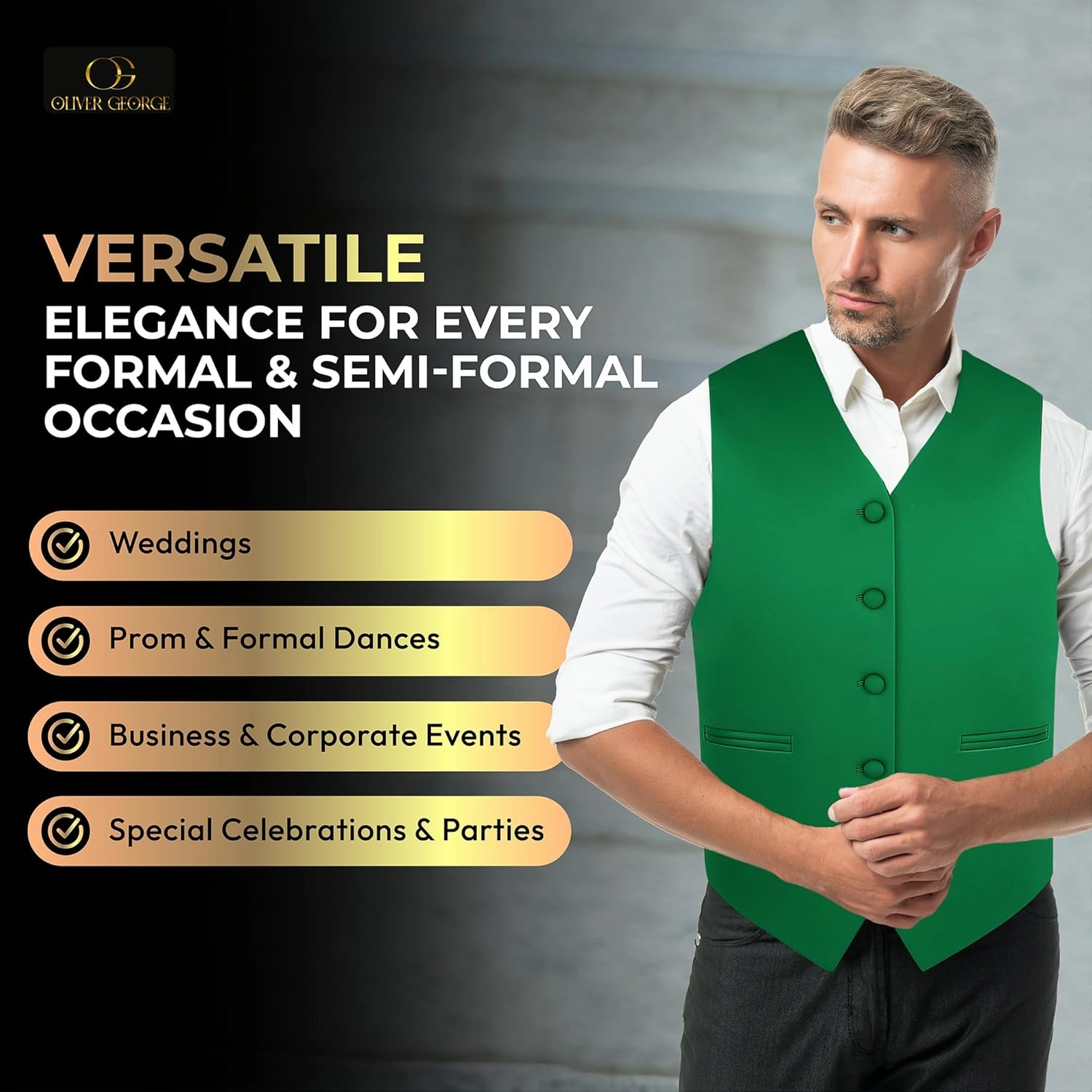 Oliver George 4pc Men's Solid Formal Waistcoat Tuxedo Dress Vest Necktie BowTie Handkerchief Set For Suit or Tuxedo