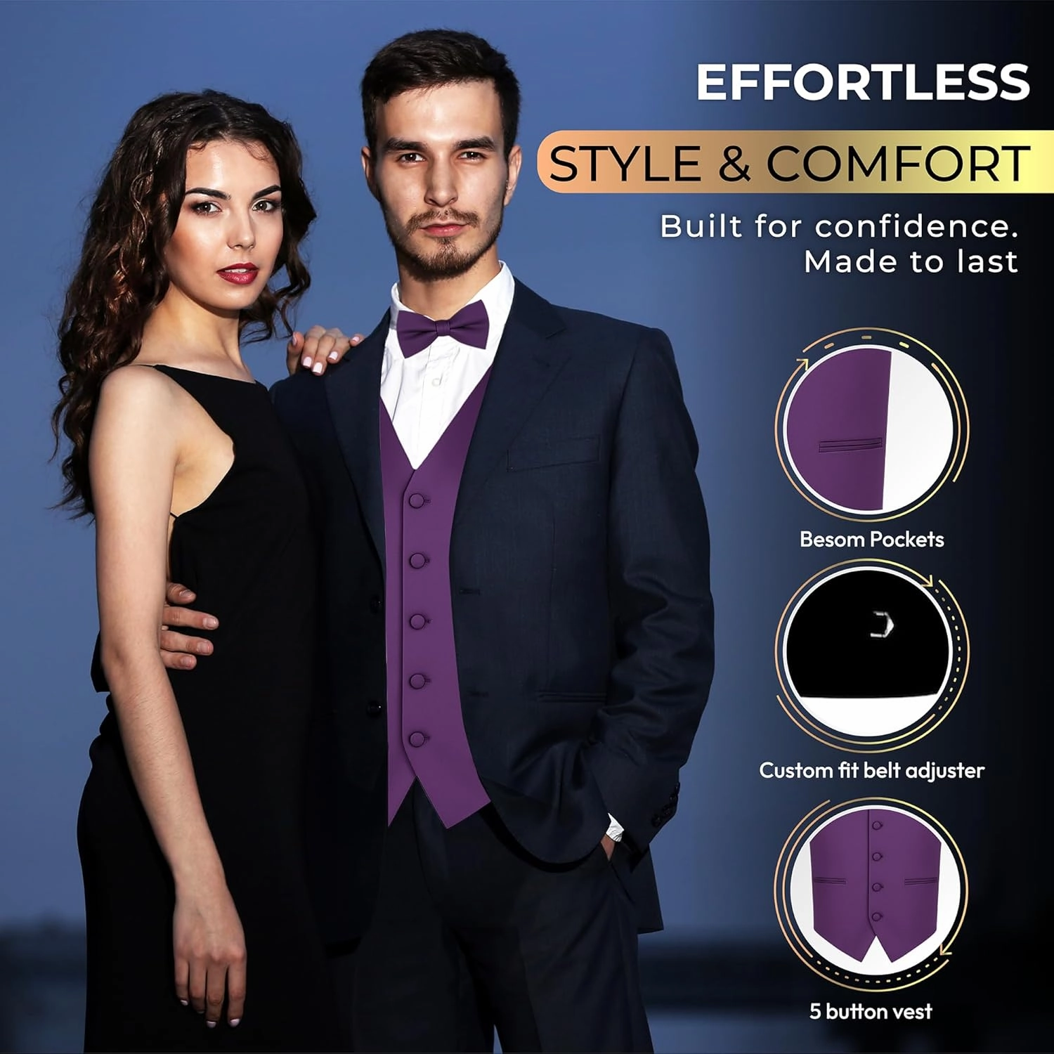Oliver George 4pc Men's Solid Formal Waistcoat Tuxedo Dress Vest Necktie BowTie Handkerchief Set For Suit or Tuxedo