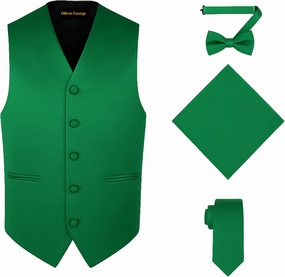Oliver George 4pc Men's Solid Formal Waistcoat Tuxedo Dress Vest Necktie BowTie Handkerchief Set For Suit or Tuxedo