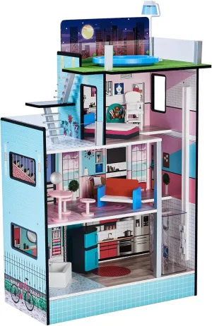 Olivia's Little World Dreamland Barcelona 3-Story Wooden Dollhouse with Working Elevator, Rooftop Pool, and 10-pc Furniture Accessory Set for 3.5" Dolls, Turquoise/Black