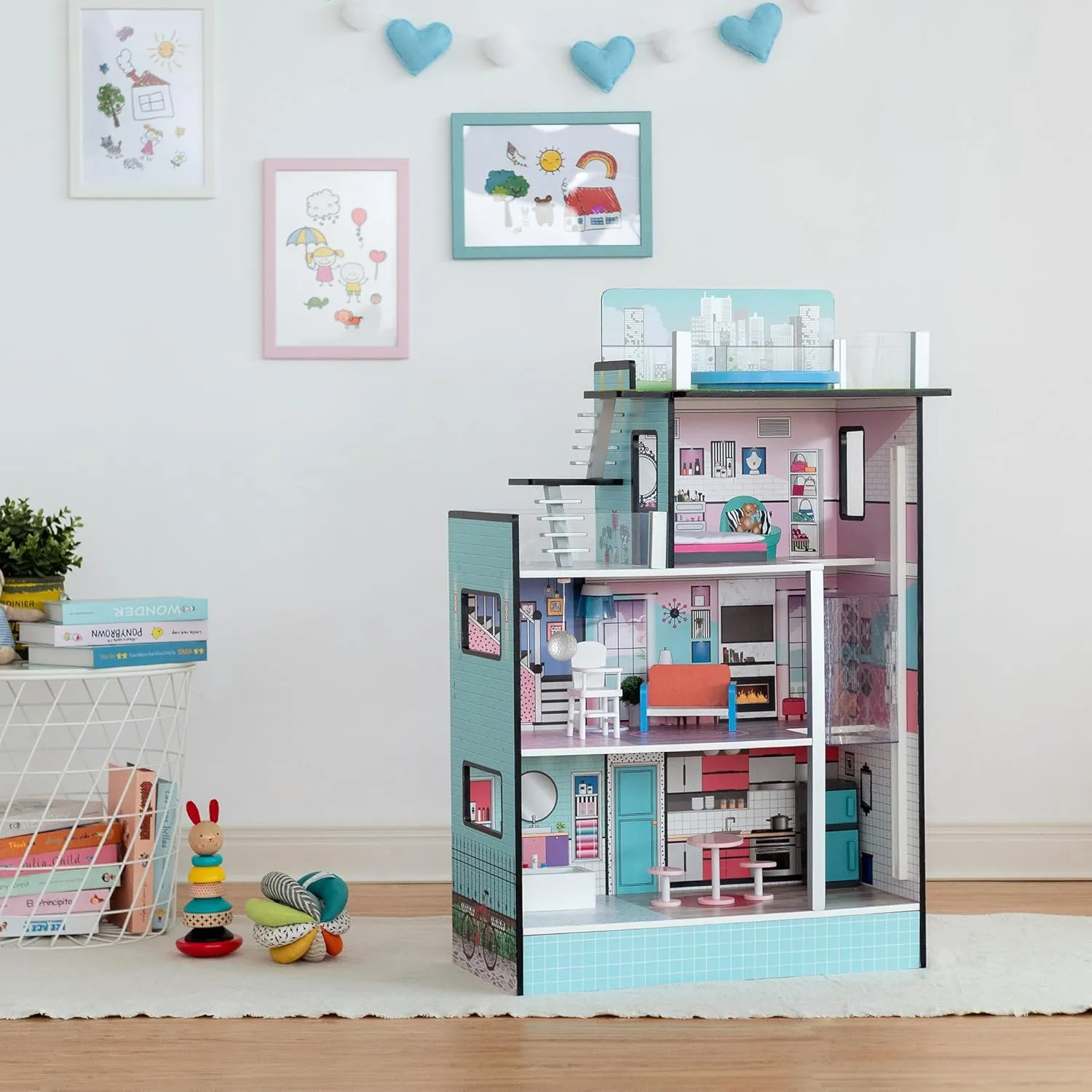 Olivia's Little World Dreamland Barcelona 3-Story Wooden Dollhouse with Working Elevator, Rooftop Pool, and 10-pc Furniture Accessory Set for 3.5" Dolls, Turquoise/Black