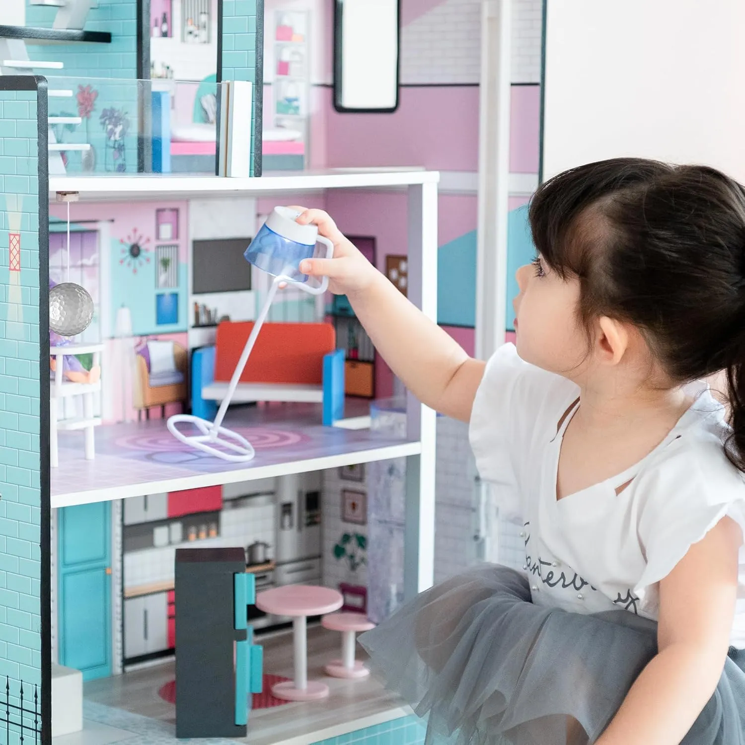 Olivia's Little World Dreamland Barcelona 3-Story Wooden Dollhouse with Working Elevator, Rooftop Pool, and 10-pc Furniture Accessory Set for 3.5" Dolls, Turquoise/Black