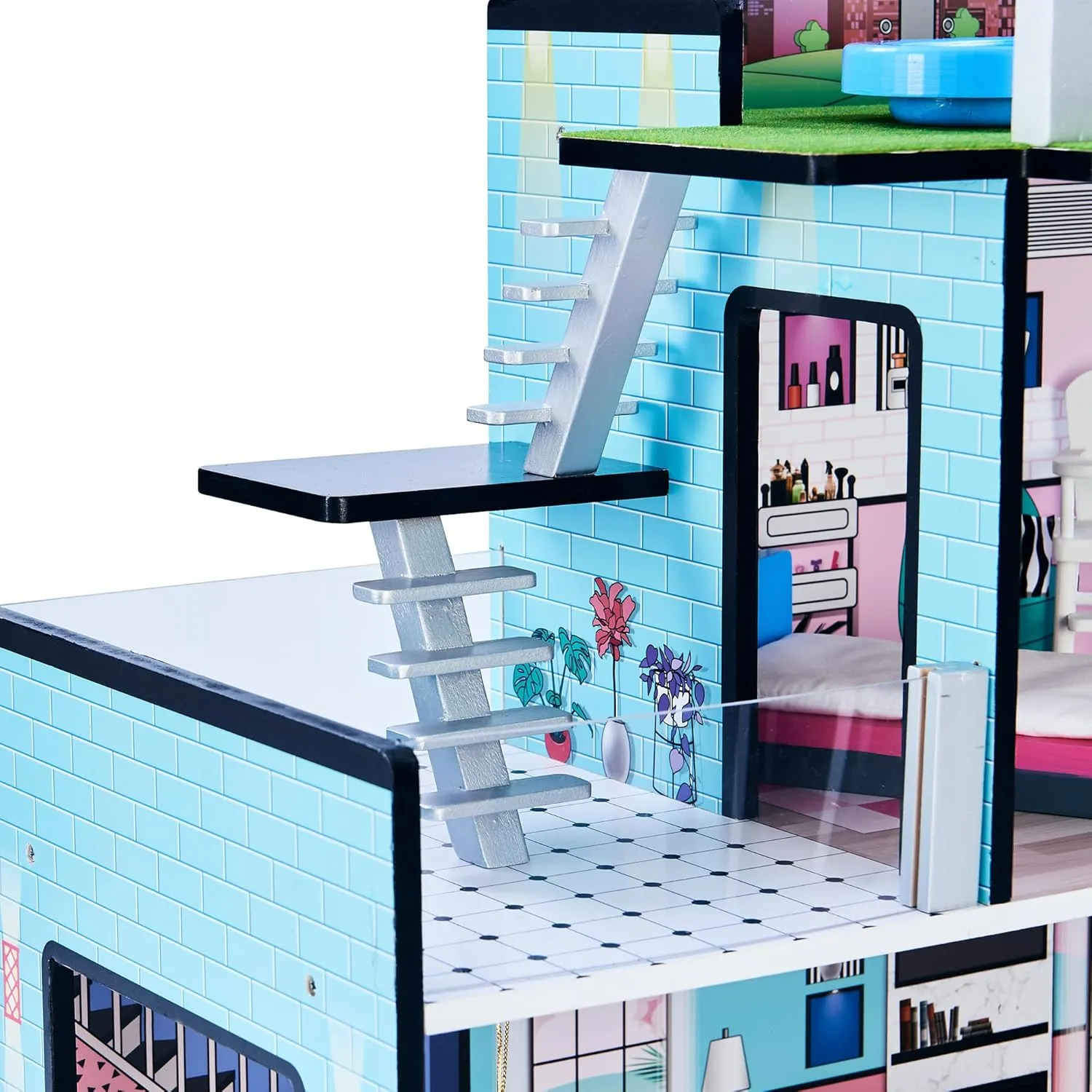 Olivia's Little World Dreamland Barcelona 3-Story Wooden Dollhouse with Working Elevator, Rooftop Pool, and 10-pc Furniture Accessory Set for 3.5" Dolls, Turquoise/Black