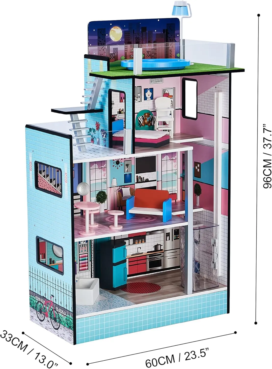 Olivia's Little World Dreamland Barcelona 3-Story Wooden Dollhouse with Working Elevator, Rooftop Pool, and 10-pc Furniture Accessory Set for 3.5" Dolls, Turquoise/Black