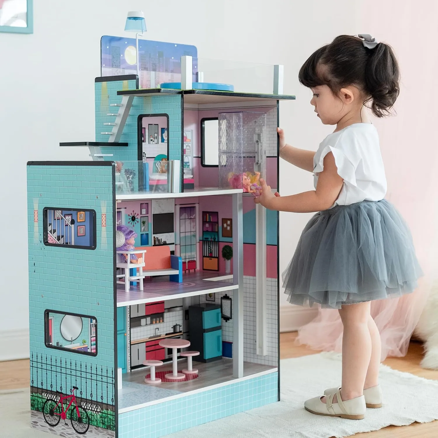 Olivia's Little World Dreamland Barcelona 3-Story Wooden Dollhouse with Working Elevator, Rooftop Pool, and 10-pc Furniture Accessory Set for 3.5" Dolls, Turquoise/Black