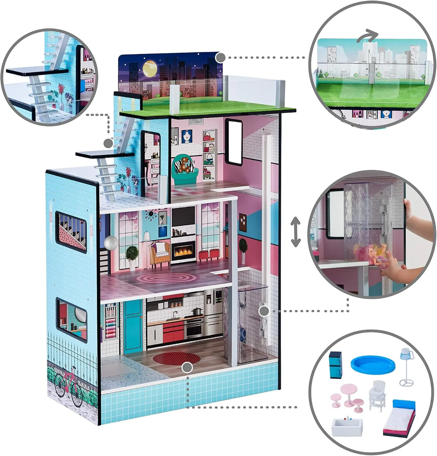 Olivia's Little World Dreamland Barcelona 3-Story Wooden Dollhouse with Working Elevator, Rooftop Pool, and 10-pc Furniture Accessory Set for 3.5" Dolls, Turquoise/Black