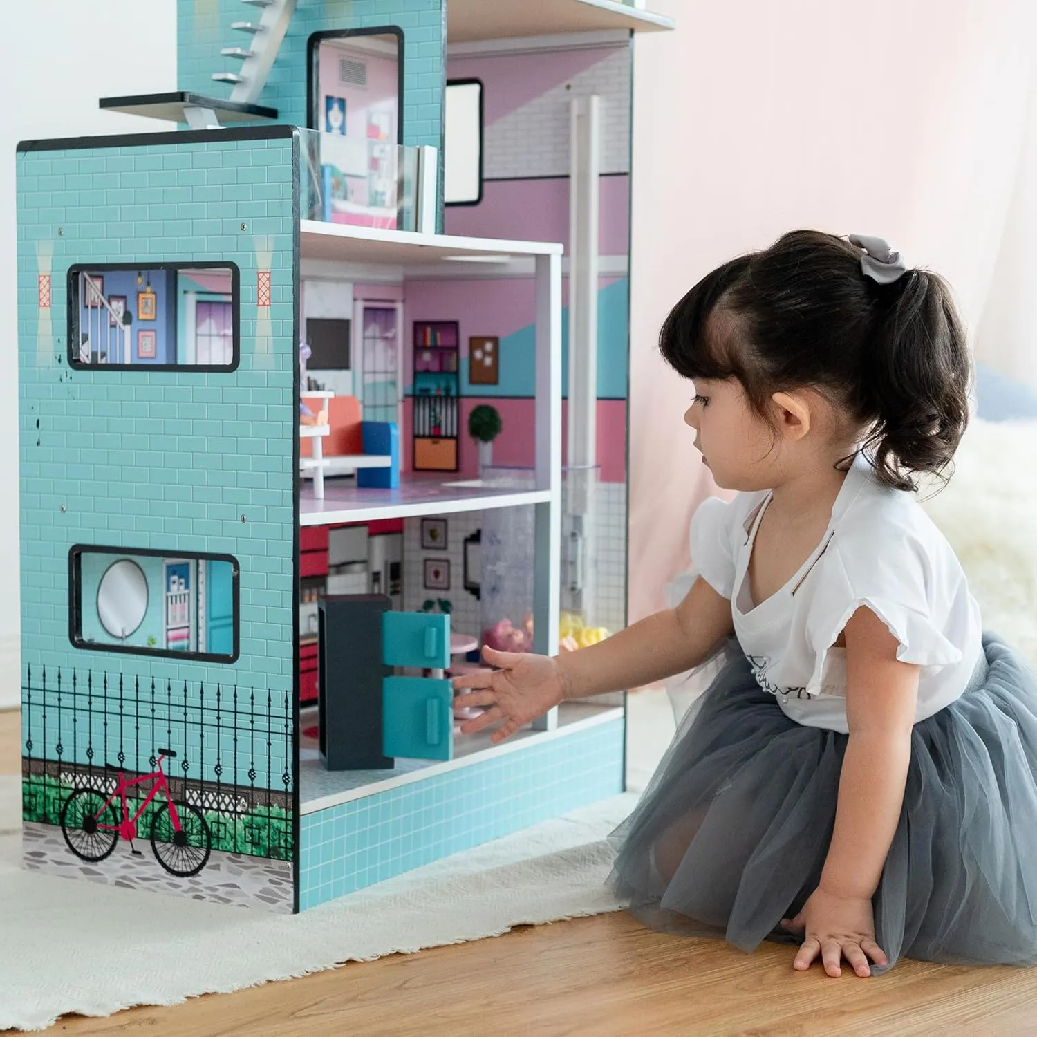 Olivia's Little World Dreamland Barcelona 3-Story Wooden Dollhouse with Working Elevator, Rooftop Pool, and 10-pc Furniture Accessory Set for 3.5" Dolls, Turquoise/Black