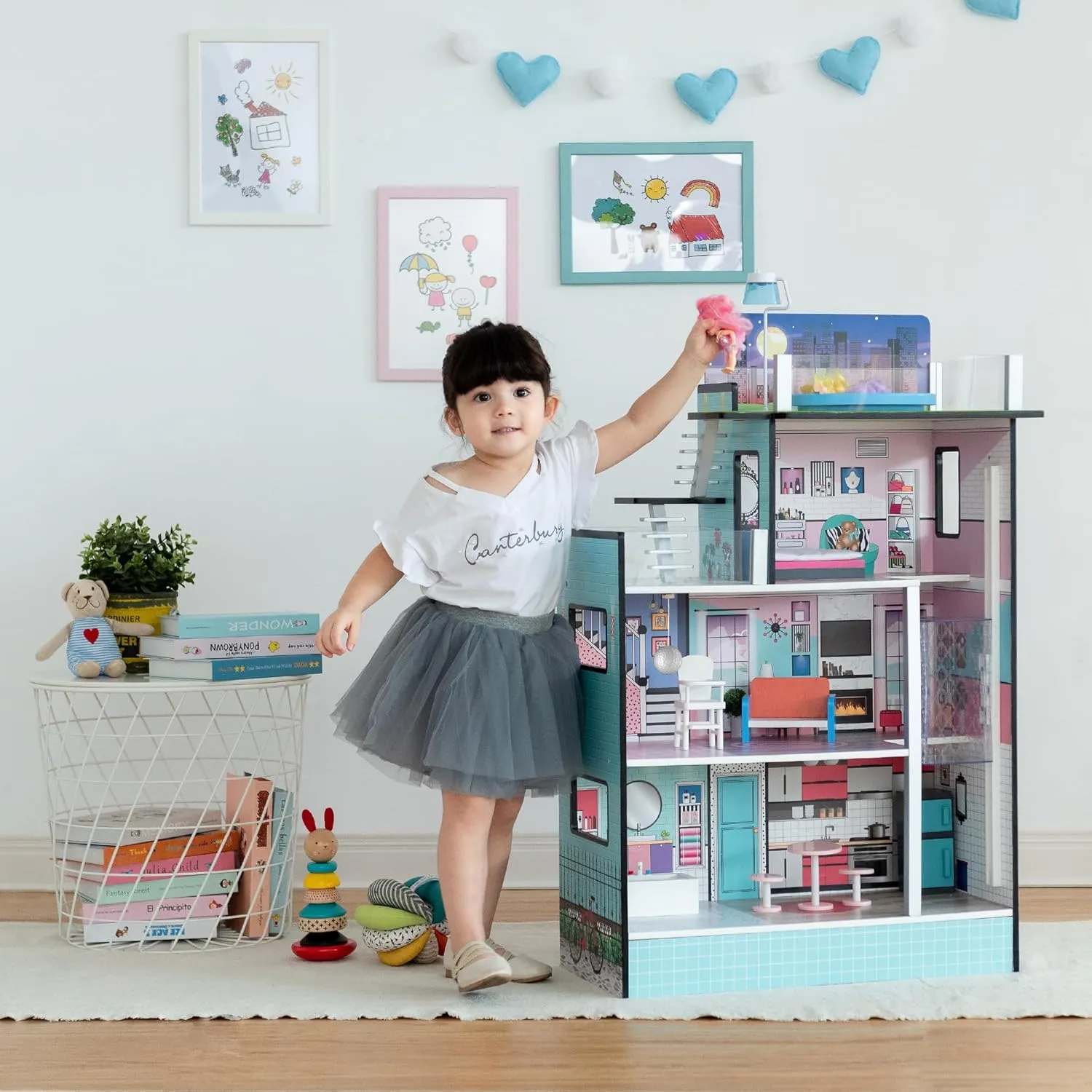 Olivia's Little World Dreamland Barcelona 3-Story Wooden Dollhouse with Working Elevator, Rooftop Pool, and 10-pc Furniture Accessory Set for 3.5" Dolls, Turquoise/Black