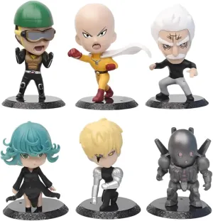 One Punch Man Presents Set of 6 Anime Action Figure Collection: Mumen Rider, Tatsumaki, Metal Knight, Saitama, Silverfang, Genos - 2 Inch Miniatures Action Figures for Ultimate Fans and Decor.