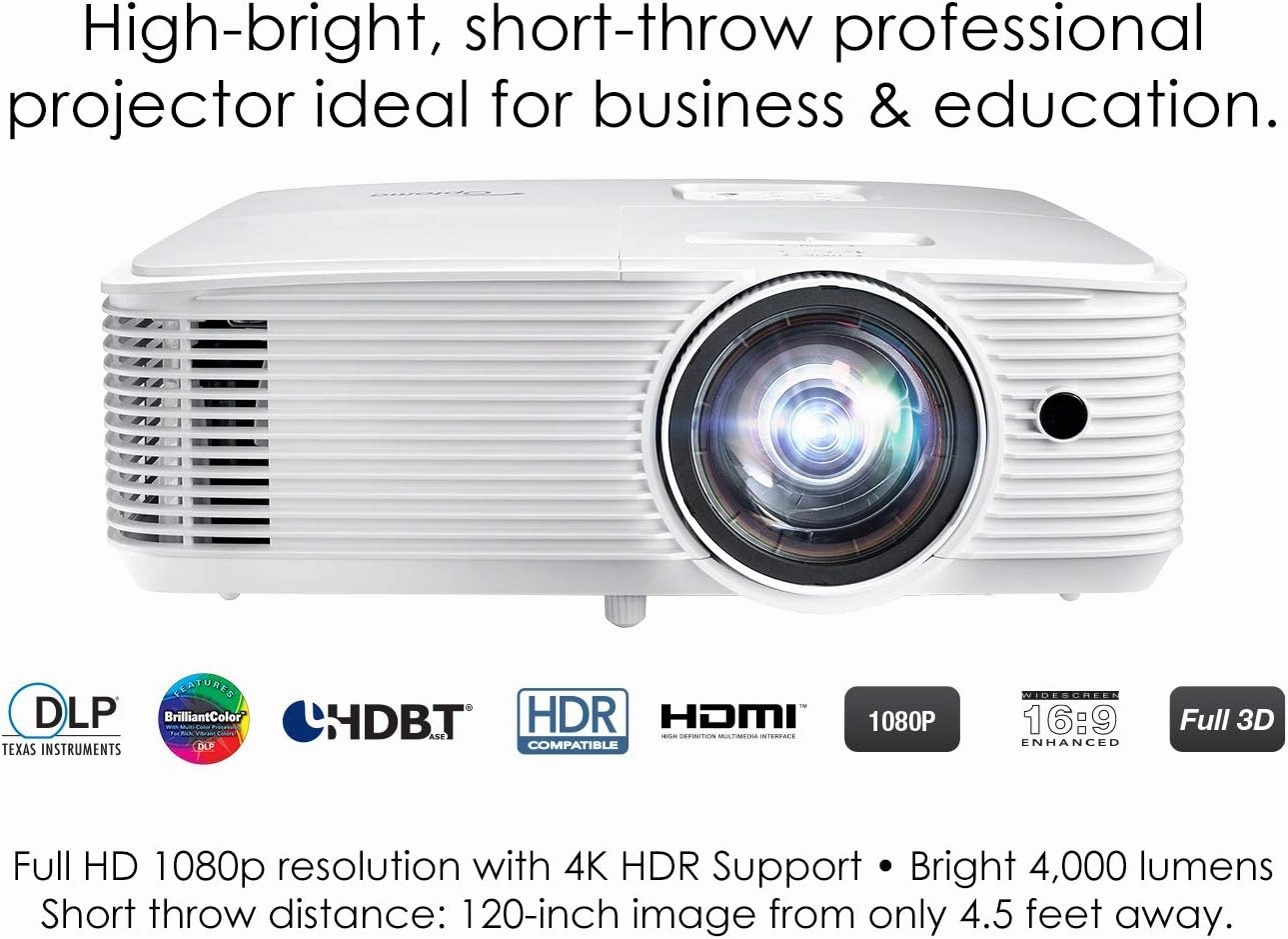 Optoma EH412ST Short Throw 1080P HDR Professional Projector | Super Bright 4000 Lumens | Business Presentations, Classrooms, or Meeting Rooms | 15,000 hour lamp life | Speaker Built In | Portable