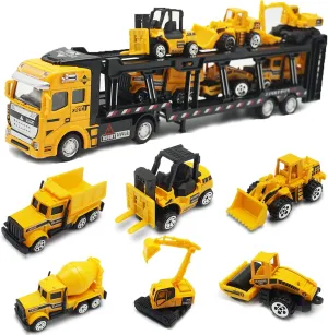 OTONOPI Car Transport Truck Toy Construction Diecast Cars Play Vehicle Set Carrier Trailer Truck with Mini Crane Excavator Digger Dumper Tractor for Kids Pack of 7