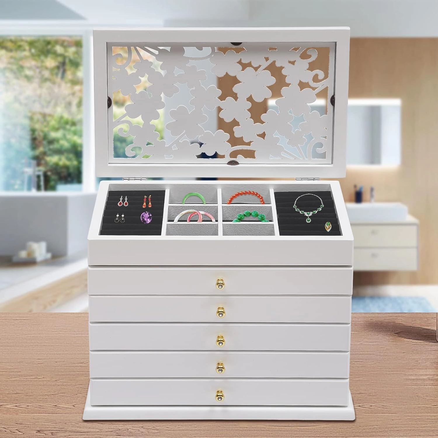 OUKANING Wood Jewelry Box and Organizer 6 Layers Large Jewellery Case with 5 Drawers Women Girls Jewelry Storage Box for Bracelets Necklaces Earrings Rings, 12.2x7.9x9.6in (White)