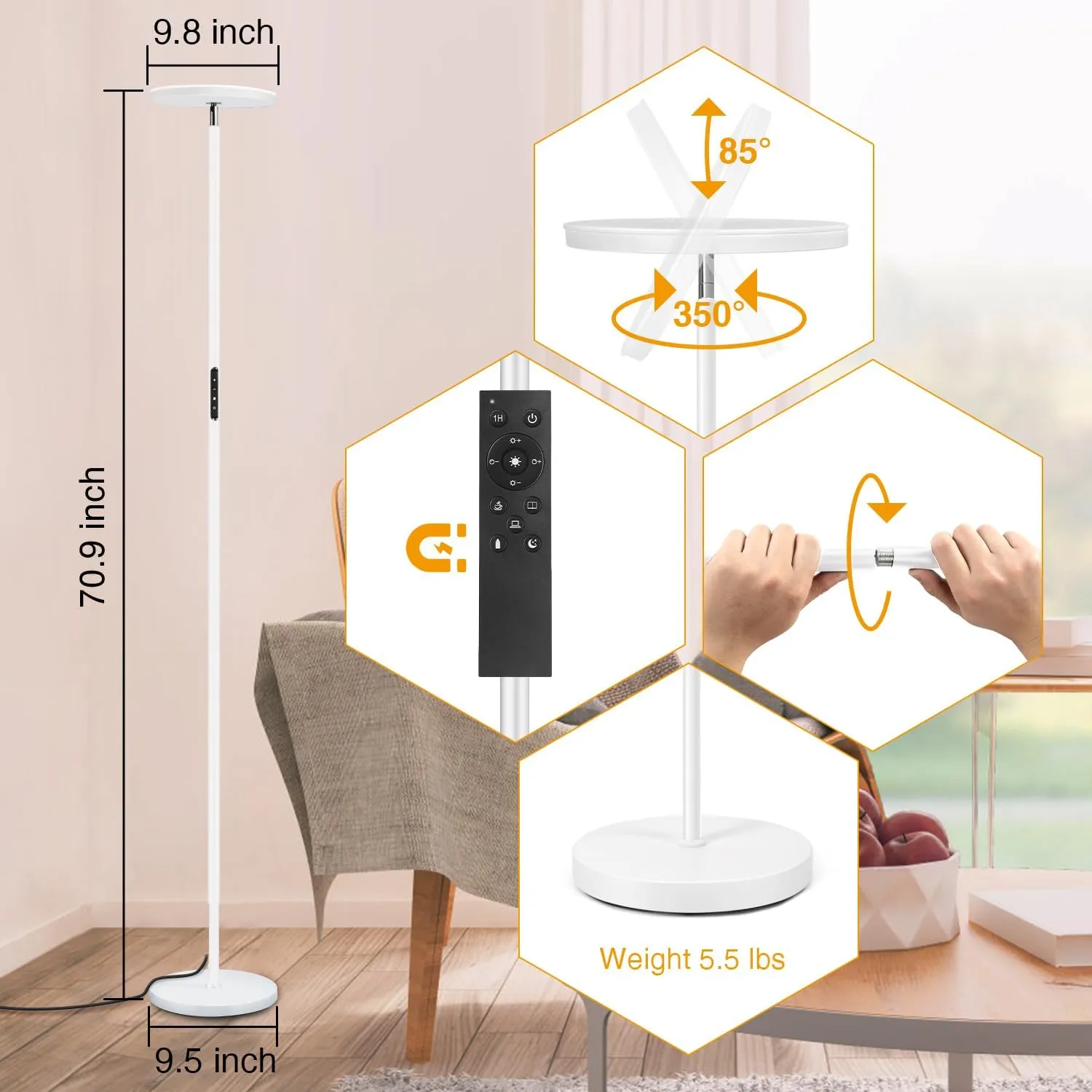OUTON Floor Lamp, 30W/3000LM LED Modern Torchiere Sky Lamp, Bright Dimmable Standing Tall Lamp with 4 Color Temperatures, Remote Touch Control, 1 Hour Timer for Living Room Bedroom Office, White