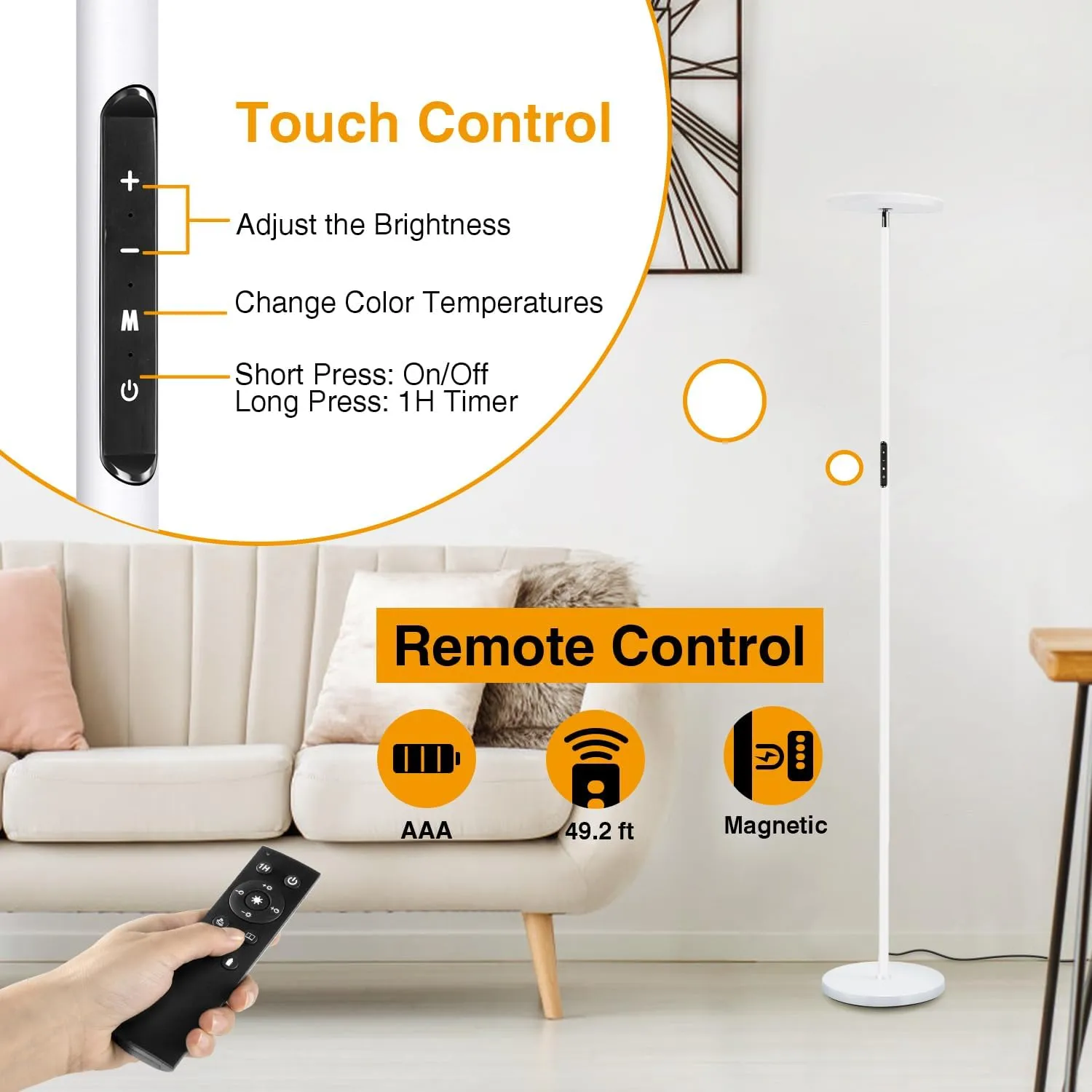 OUTON Floor Lamp, 30W/3000LM LED Modern Torchiere Sky Lamp, Bright Dimmable Standing Tall Lamp with 4 Color Temperatures, Remote Touch Control, 1 Hour Timer for Living Room Bedroom Office, White