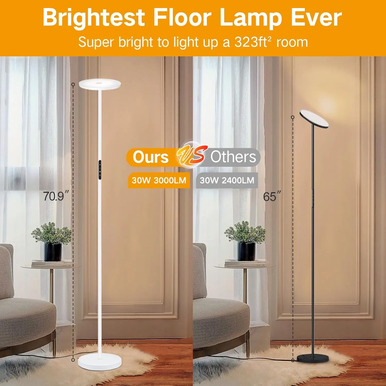 OUTON Floor Lamp, 30W/3000LM LED Modern Torchiere Sky Lamp, Bright Dimmable Standing Tall Lamp with 4 Color Temperatures, Remote Touch Control, 1 Hour Timer for Living Room Bedroom Office, White