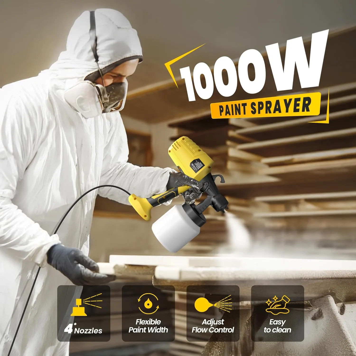 Paint Sprayer gun1000W High Power Electric Spray Paint Gun Easy to Clean for Furniture House Painting Interior Home DIY Cabinets Fence Walls Door Garden Chairs painting4 Nozzles and 3 Patterns