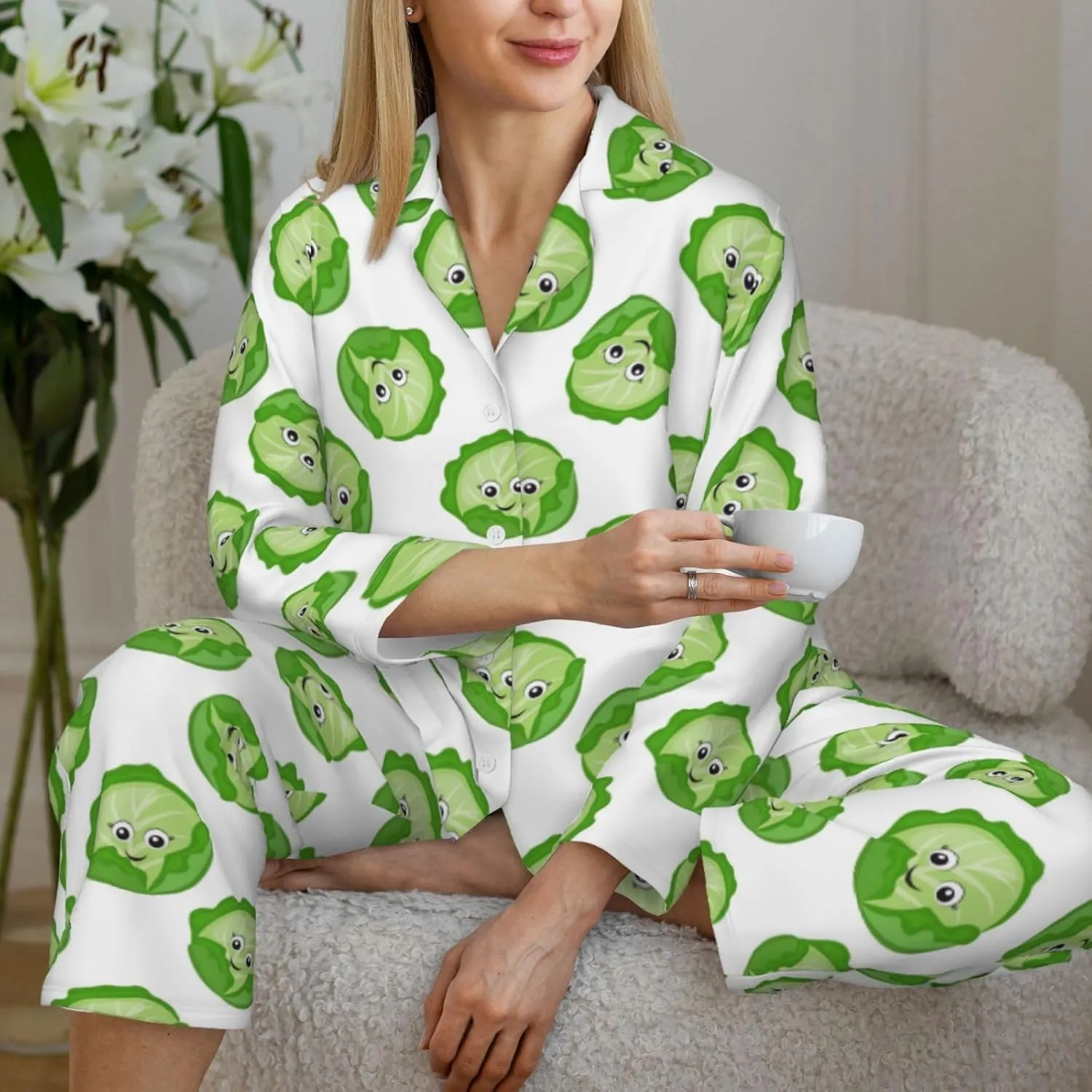Pajamas for Women Set - bright cabbage cute eyes funny Sleepwear Nightwear Pjs Lounge Sets for Women with Pockets
