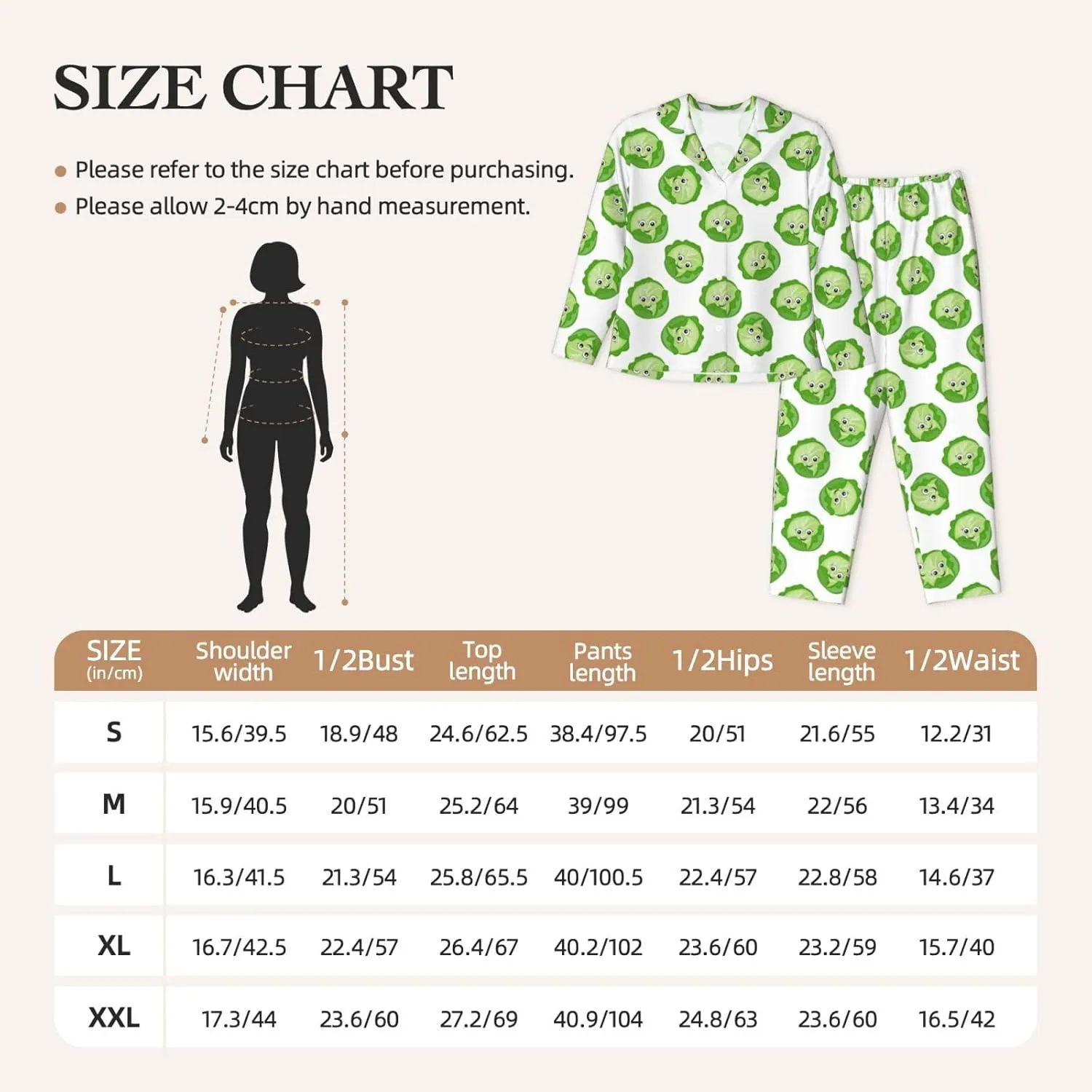 Pajamas for Women Set - bright cabbage cute eyes funny Sleepwear Nightwear Pjs Lounge Sets for Women with Pockets