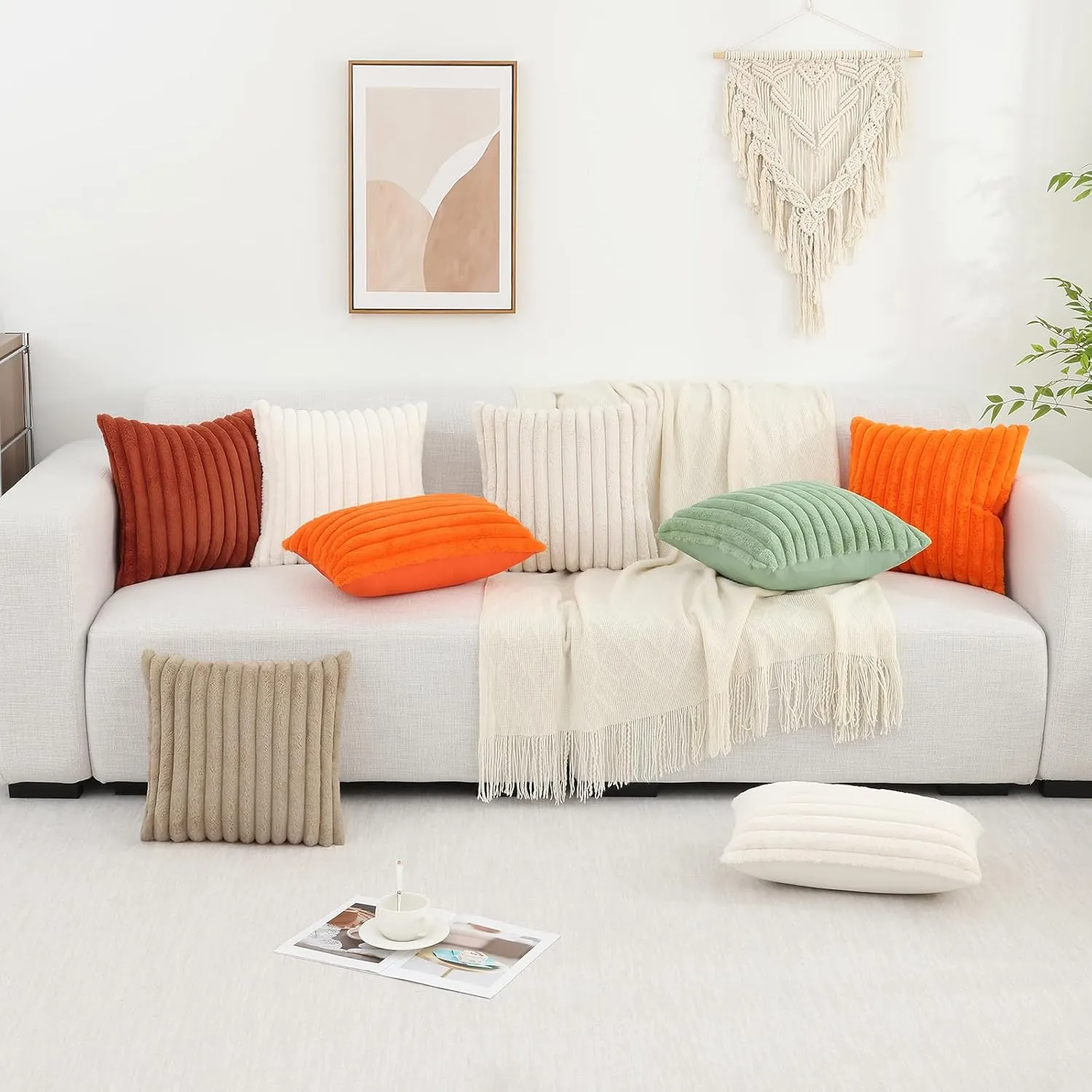 Pallene Faux Fur Plush Throw Pillow Covers 18x18 Set of 2, Luxury Soft Fluffy Striped Decorative Pillow Covers for Sofa, Couch, Living Room, Apricot