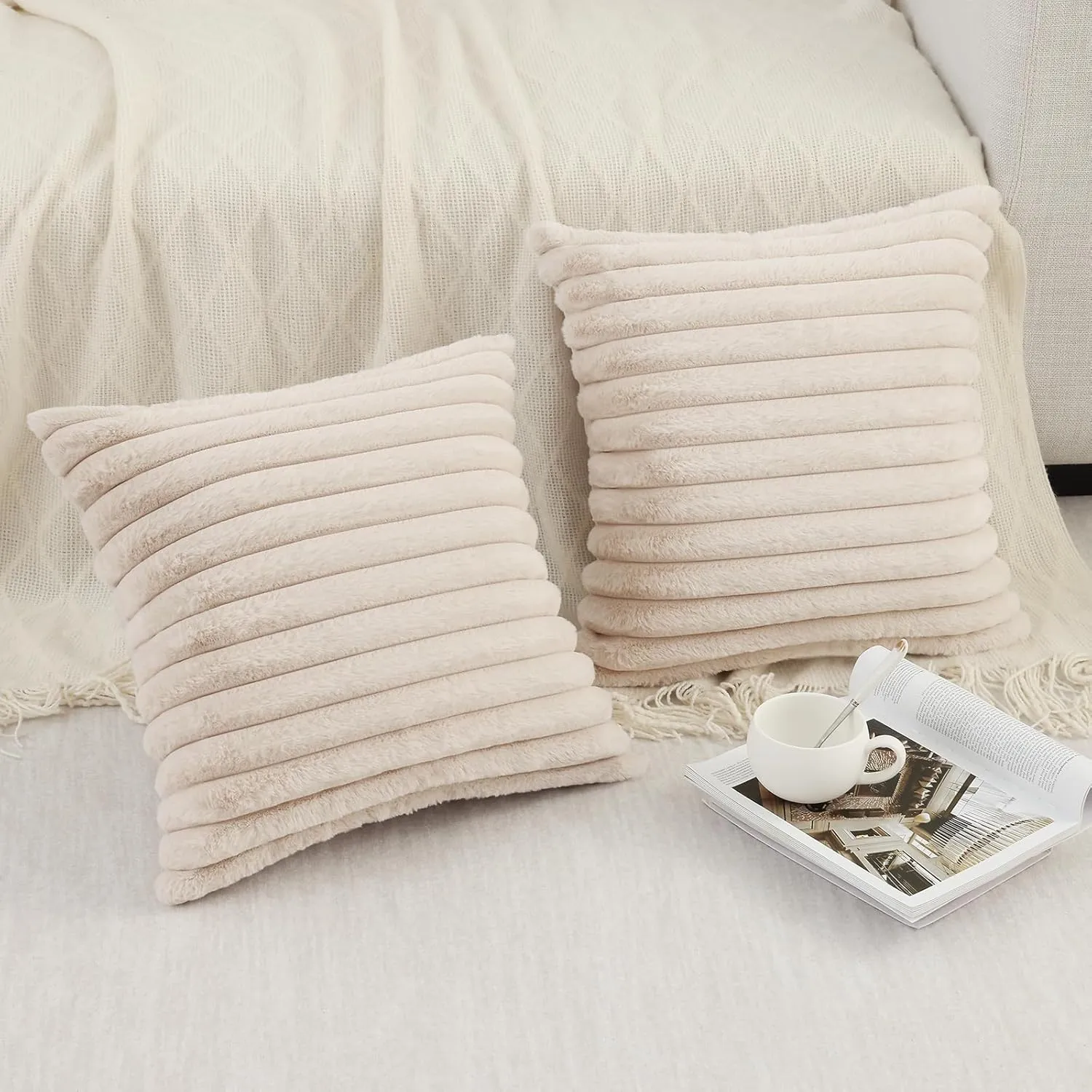 Pallene Faux Fur Plush Throw Pillow Covers 18x18 Set of 2, Luxury Soft Fluffy Striped Decorative Pillow Covers for Sofa, Couch, Living Room, Apricot