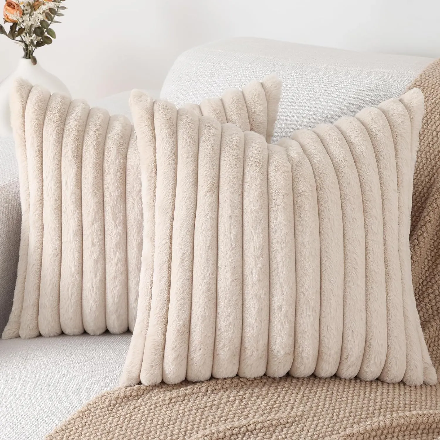 Pallene Faux Fur Plush Throw Pillow Covers 18x18 Set of 2, Luxury Soft Fluffy Striped Decorative Pillow Covers for Sofa, Couch, Living Room, Apricot