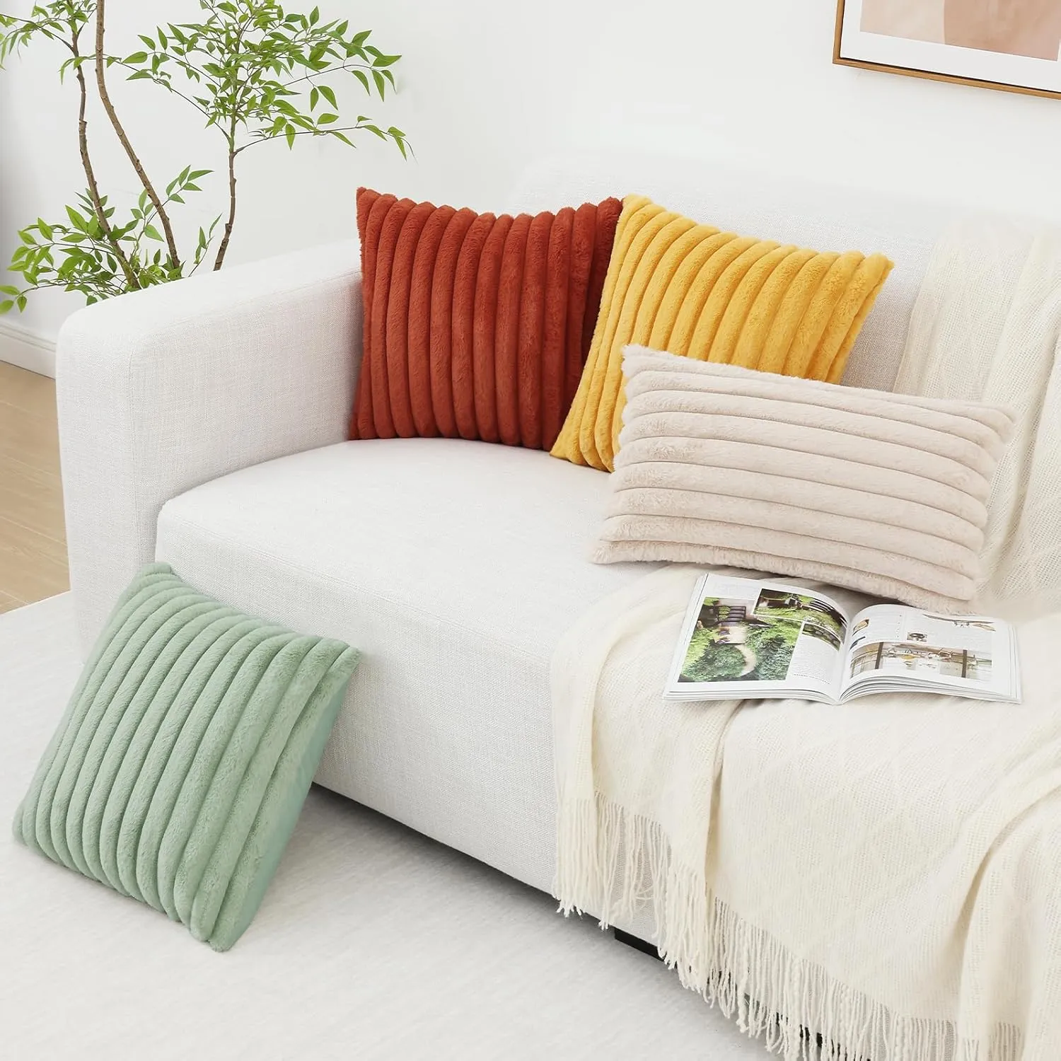 Pallene Faux Fur Plush Throw Pillow Covers 18x18 Set of 2, Luxury Soft Fluffy Striped Decorative Pillow Covers for Sofa, Couch, Living Room, Apricot
