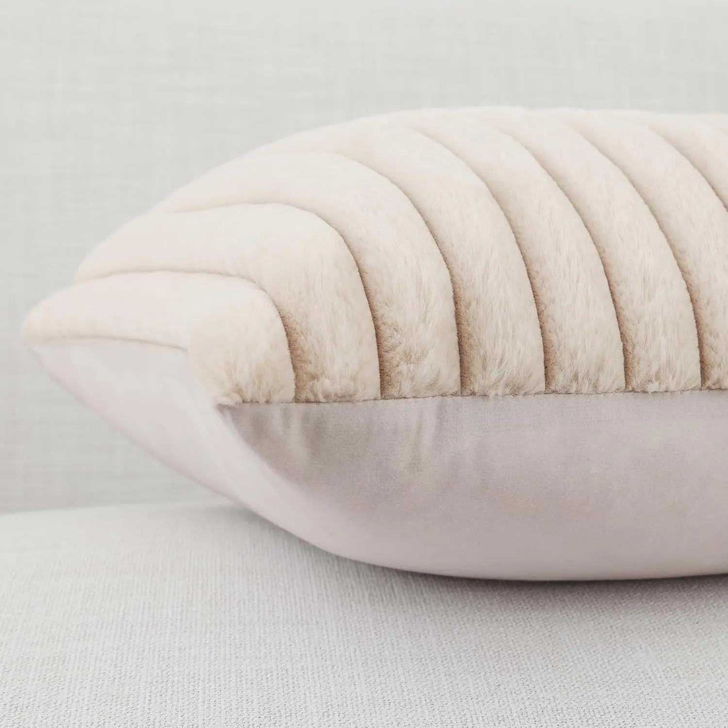 Pallene Faux Fur Plush Throw Pillow Covers 18x18 Set of 2, Luxury Soft Fluffy Striped Decorative Pillow Covers for Sofa, Couch, Living Room, Apricot