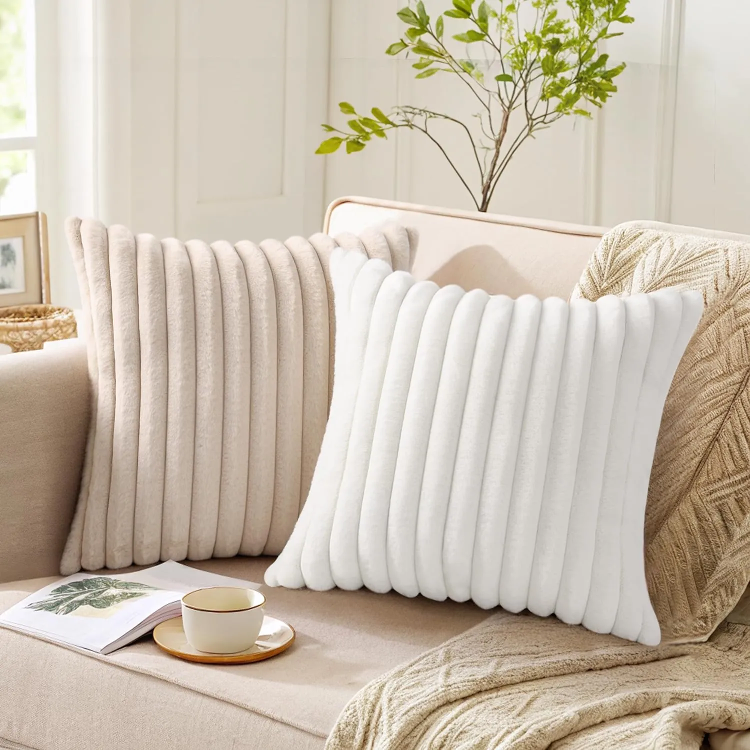 Pallene Faux Fur Plush Throw Pillow Covers 18x18 Set of 2, Luxury Soft Fluffy Striped Decorative Pillow Covers for Sofa, Couch, Living Room, Apricot