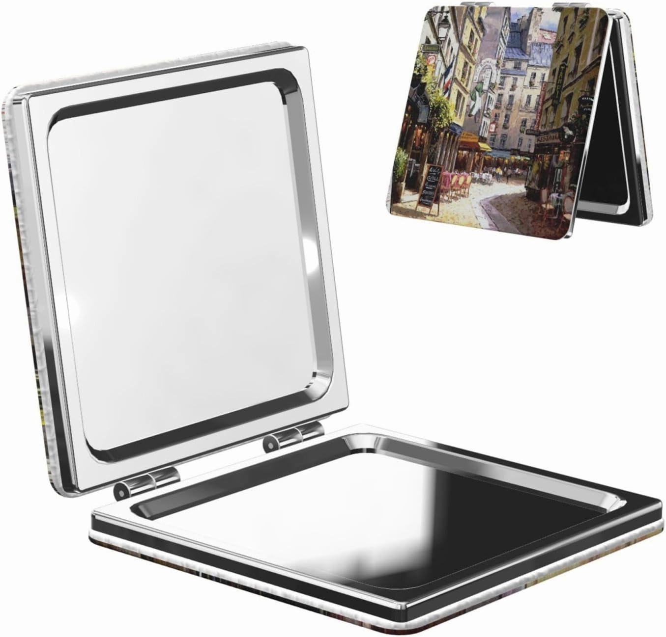 Paris Street Cafe European Building Women Small Pocket Makeup Mirror Compact Portable Folding Handheld Makeup Mirror