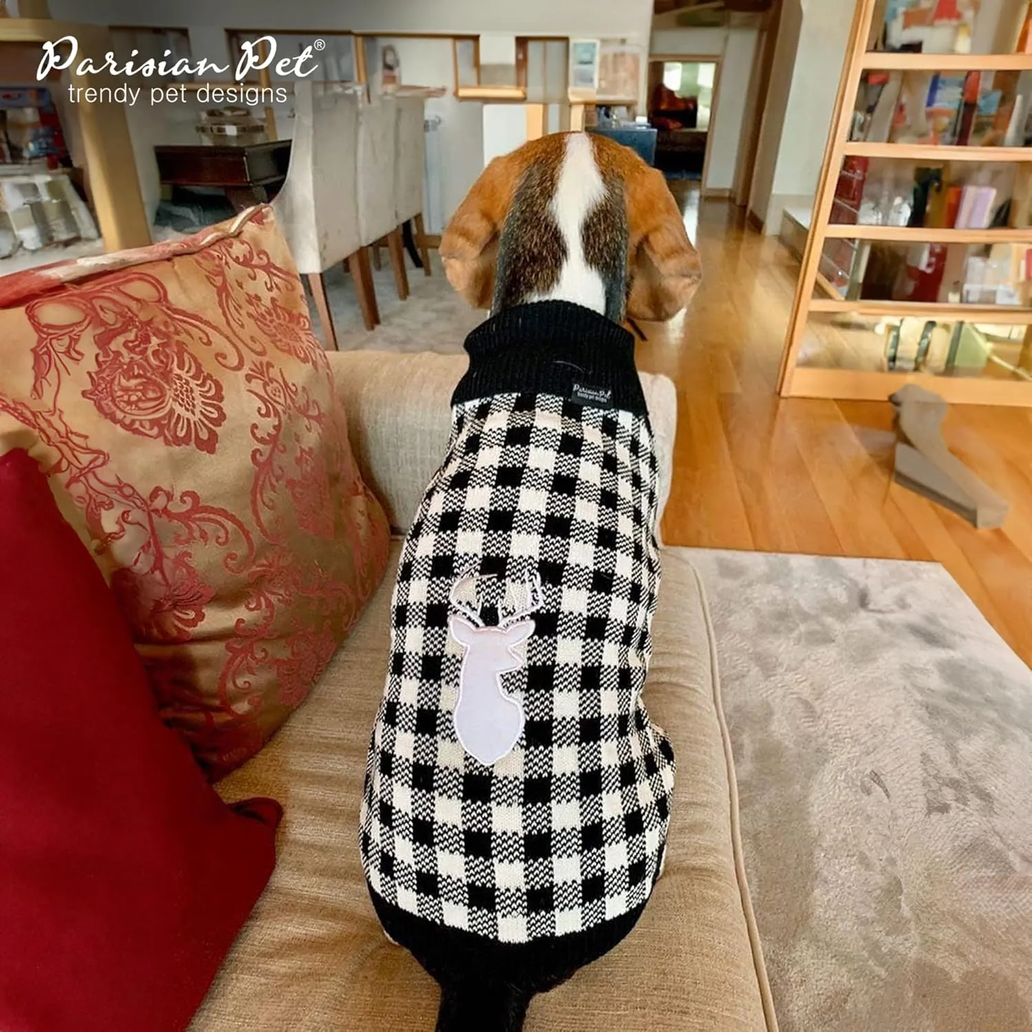 Parisian Pet Dog Sweaters - Pullover, Turtleneck White and Black Checkered Sweater - Cable Knit Plaid Dog Christmas Outfit - Fall, Winter Dog Clothes - Flexible Dog Sweater for Large Dogs - 2XL