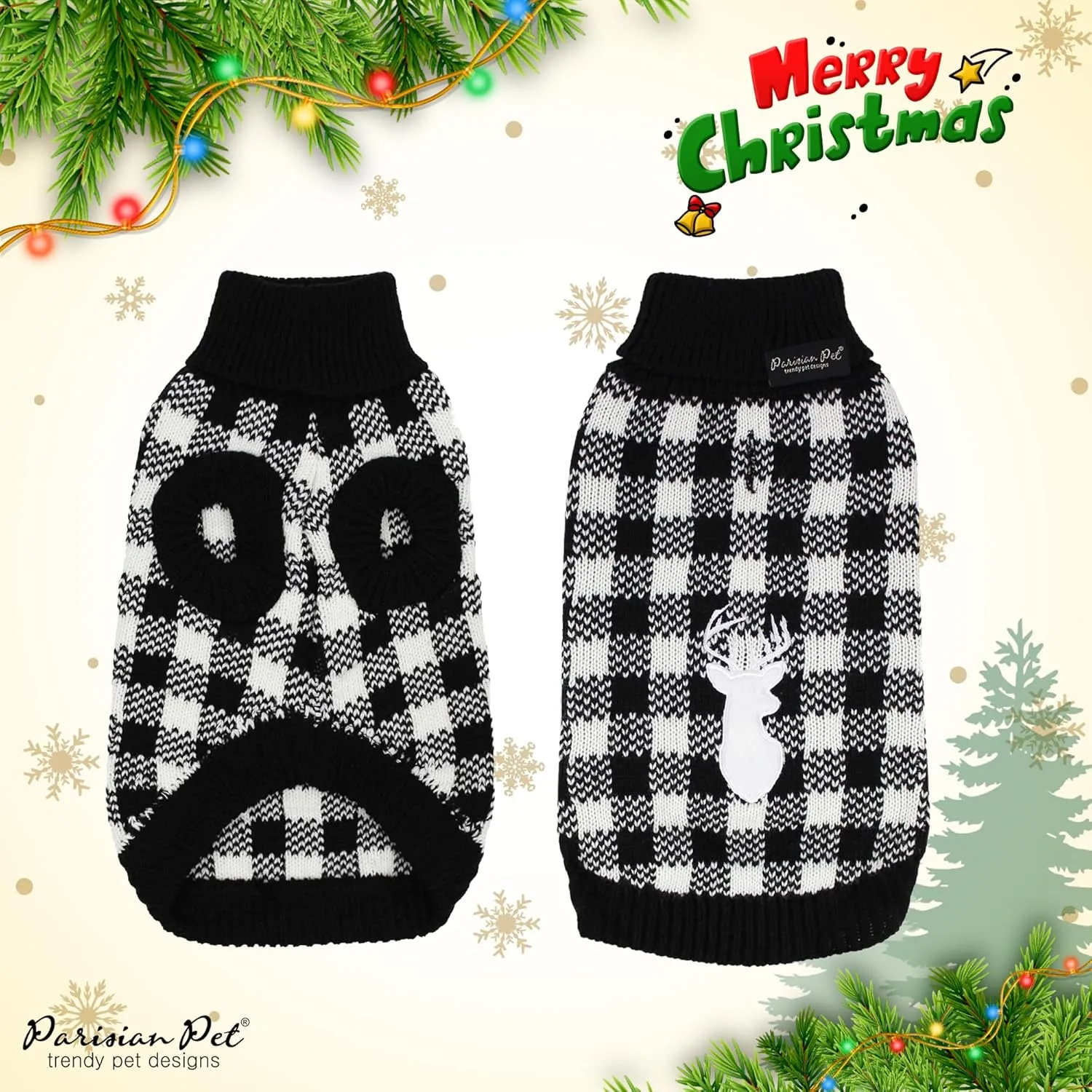 Parisian Pet Dog Sweaters - Pullover, Turtleneck White and Black Checkered Sweater - Cable Knit Plaid Dog Christmas Outfit - Fall, Winter Dog Clothes - Flexible Dog Sweater for Large Dogs - 2XL