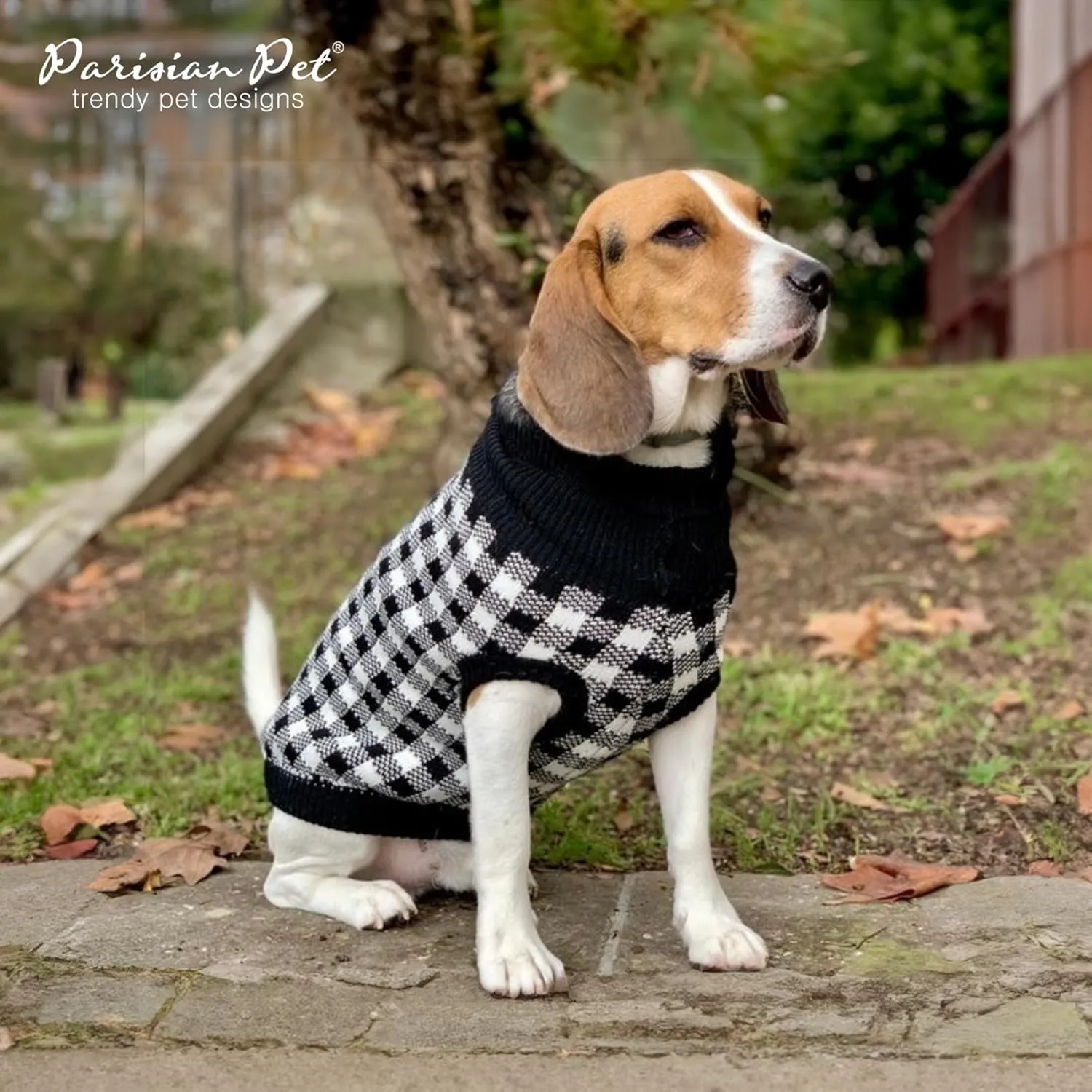 Parisian Pet Dog Sweaters - Pullover, Turtleneck White and Black Checkered Sweater - Cable Knit Plaid Dog Christmas Outfit - Fall, Winter Dog Clothes - Flexible Dog Sweater for Large Dogs - 2XL