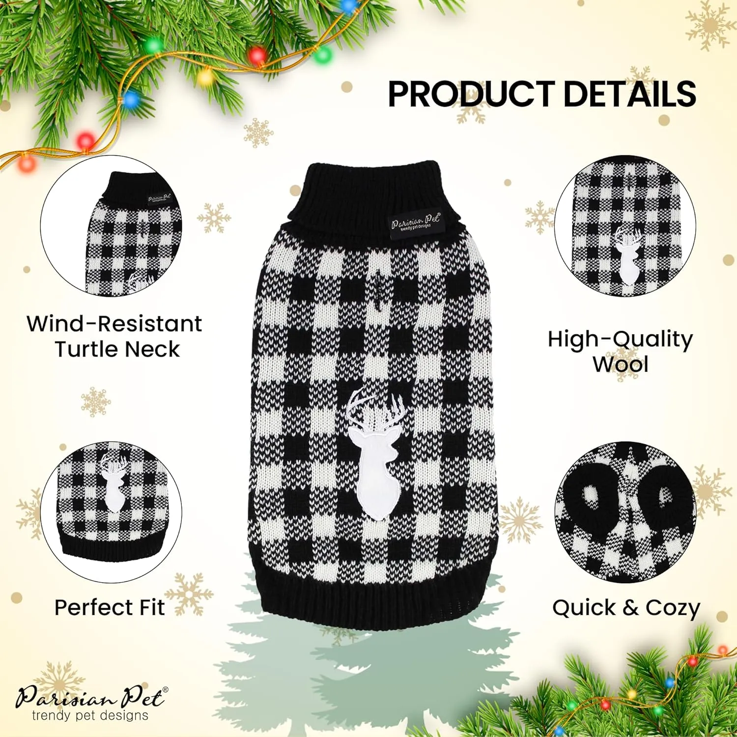 Parisian Pet Dog Sweaters - Pullover, Turtleneck White and Black Checkered Sweater - Cable Knit Plaid Dog Christmas Outfit - Fall, Winter Dog Clothes - Flexible Dog Sweater for Large Dogs - 2XL