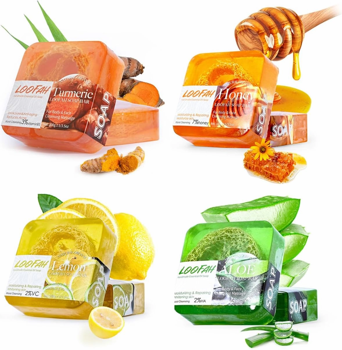 Patetskin 4pc Bright & Even Turmeric Soap Bar Set - Natural Loofah Soap for Face & Body