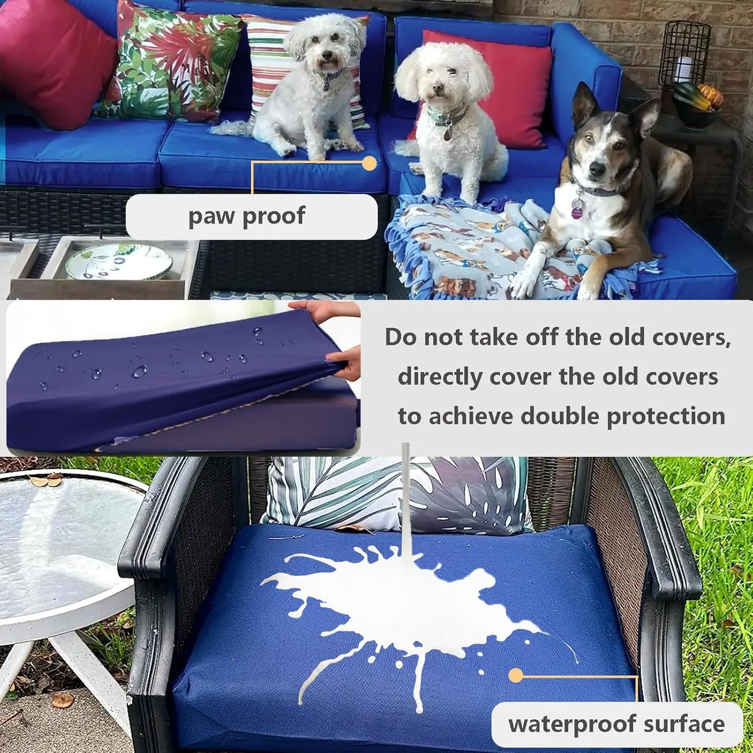 Patio Cushion Covers Replacement Outdoor Seat Cushions Cover for Patio Furniture, Deep Seat Bottom and Back Cushion Cover Set for Chair, Sofa and Couch, 4Packs, 28x28x6/28x13x6, Blue