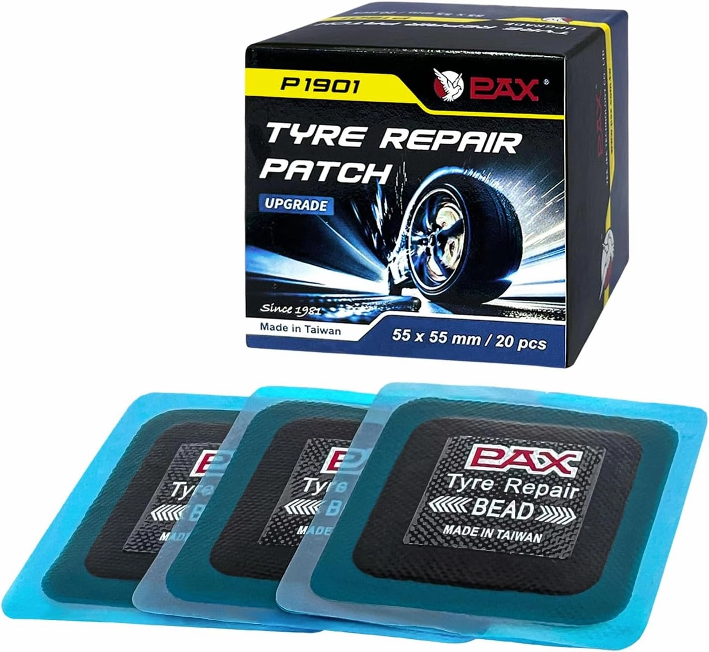 PAX 20 Pcs 55x55mm Upgraded Square 2-in-1 Tire Repair Patches, Suitable for Radial and Bias Tires on Motorcycle, Car, Truck, Agricultural Vehicles, BMX, ATVs, Inflatable Rubber