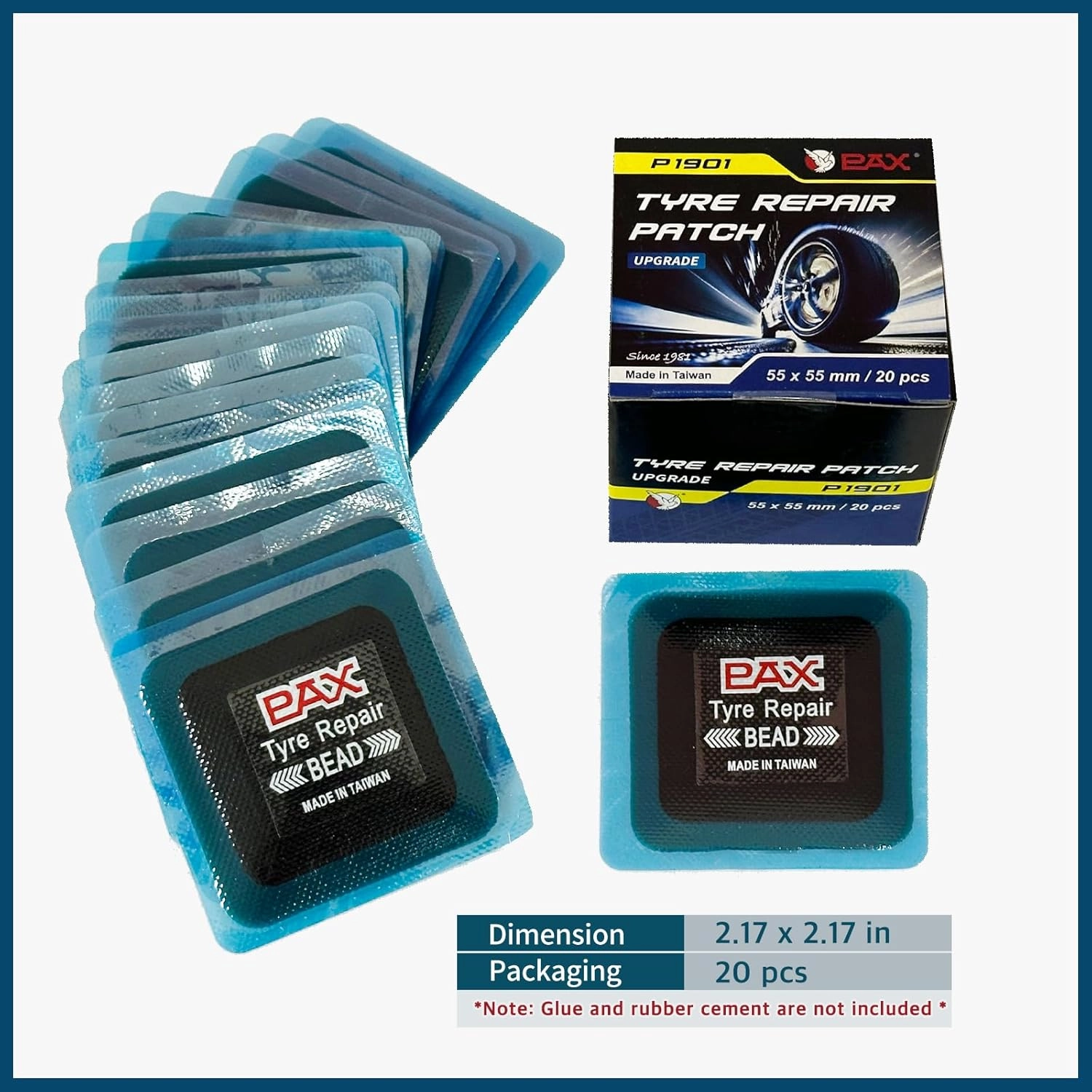 PAX 20 Pcs 55x55mm Upgraded Square 2-in-1 Tire Repair Patches, Suitable for Radial and Bias Tires on Motorcycle, Car, Truck, Agricultural Vehicles, BMX, ATVs, Inflatable Rubber