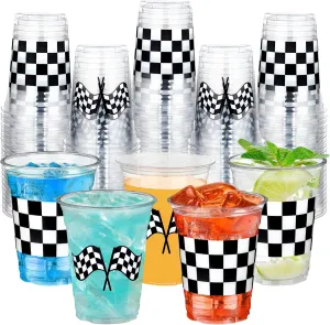 peony man 50 Pcs Checkered Racing Party Plastic Cups 16 oz White Black Checkered Flag Clear Cup Disposable Race Car Drinking Cups for Race Car Sports Themed Birthday Party Favors Supplies