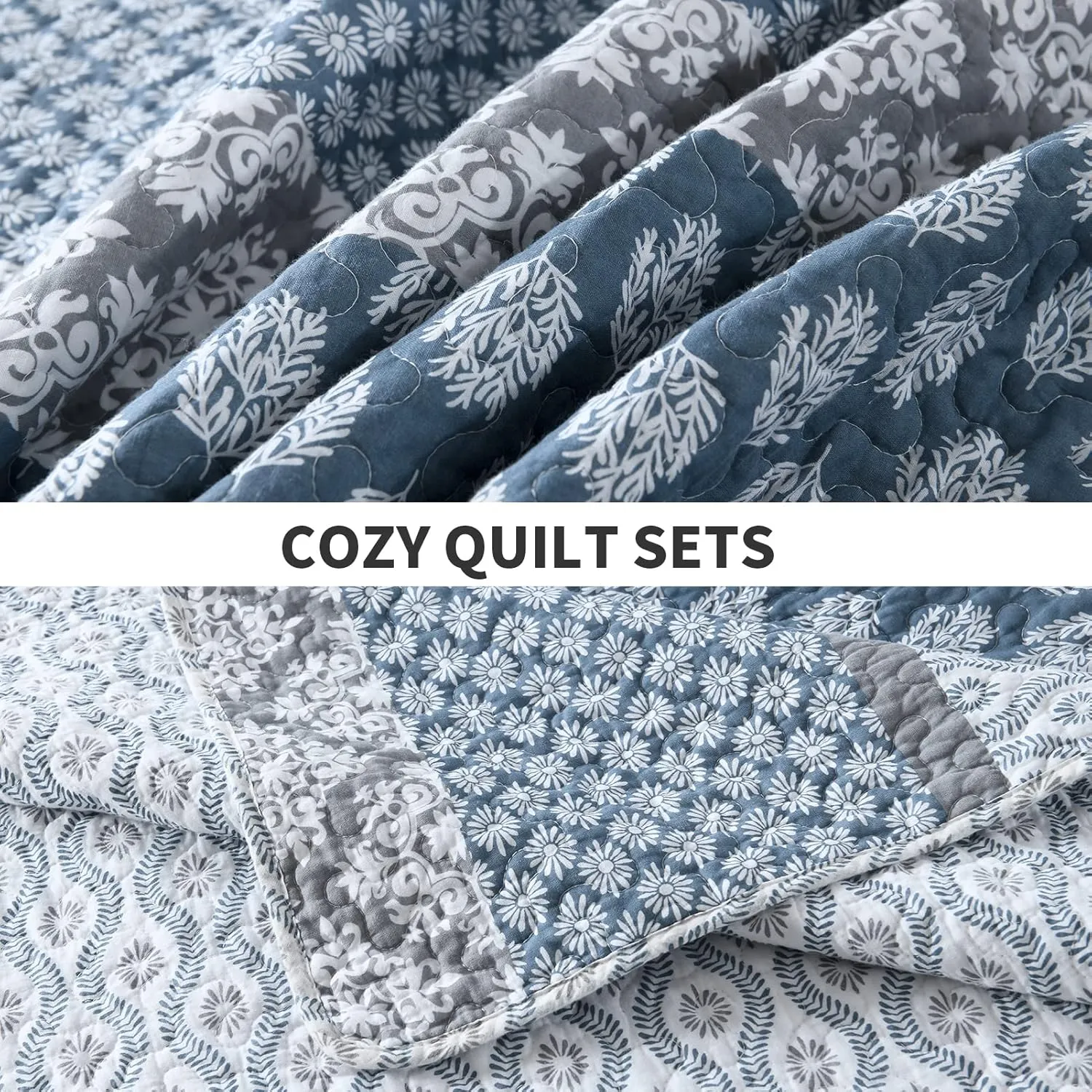 PERHOM Blue Quilt Queen Size - Queen Quilt Set, 100% Long-Staple Cotton Floral Quilt Bedding Set Bedspreads, Patchwork Reversible Lightweight Comforter Bed Spread for All Season, Blue/Gray, 3 Pieces