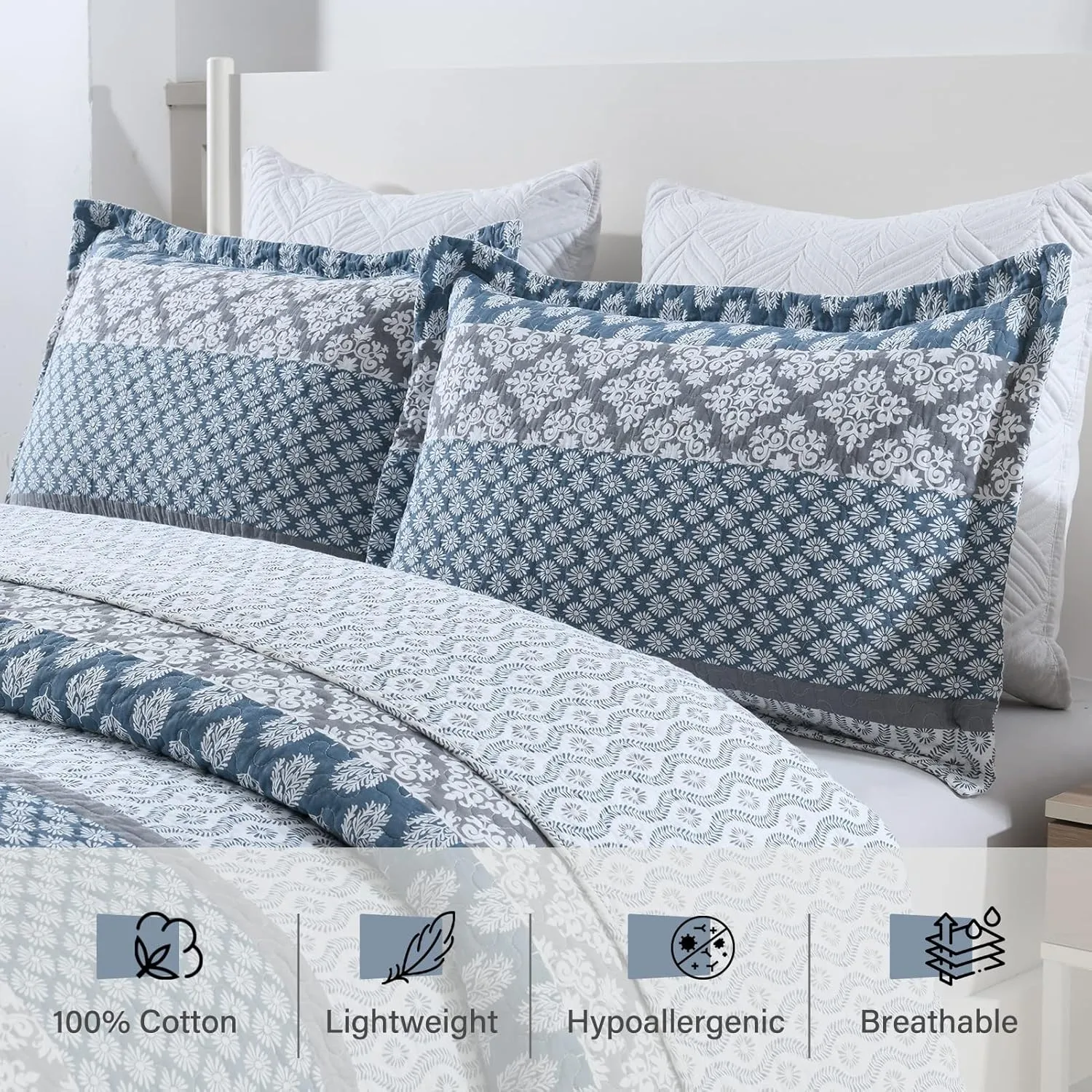 PERHOM Blue Quilt Queen Size - Queen Quilt Set, 100% Long-Staple Cotton Floral Quilt Bedding Set Bedspreads, Patchwork Reversible Lightweight Comforter Bed Spread for All Season, Blue/Gray, 3 Pieces