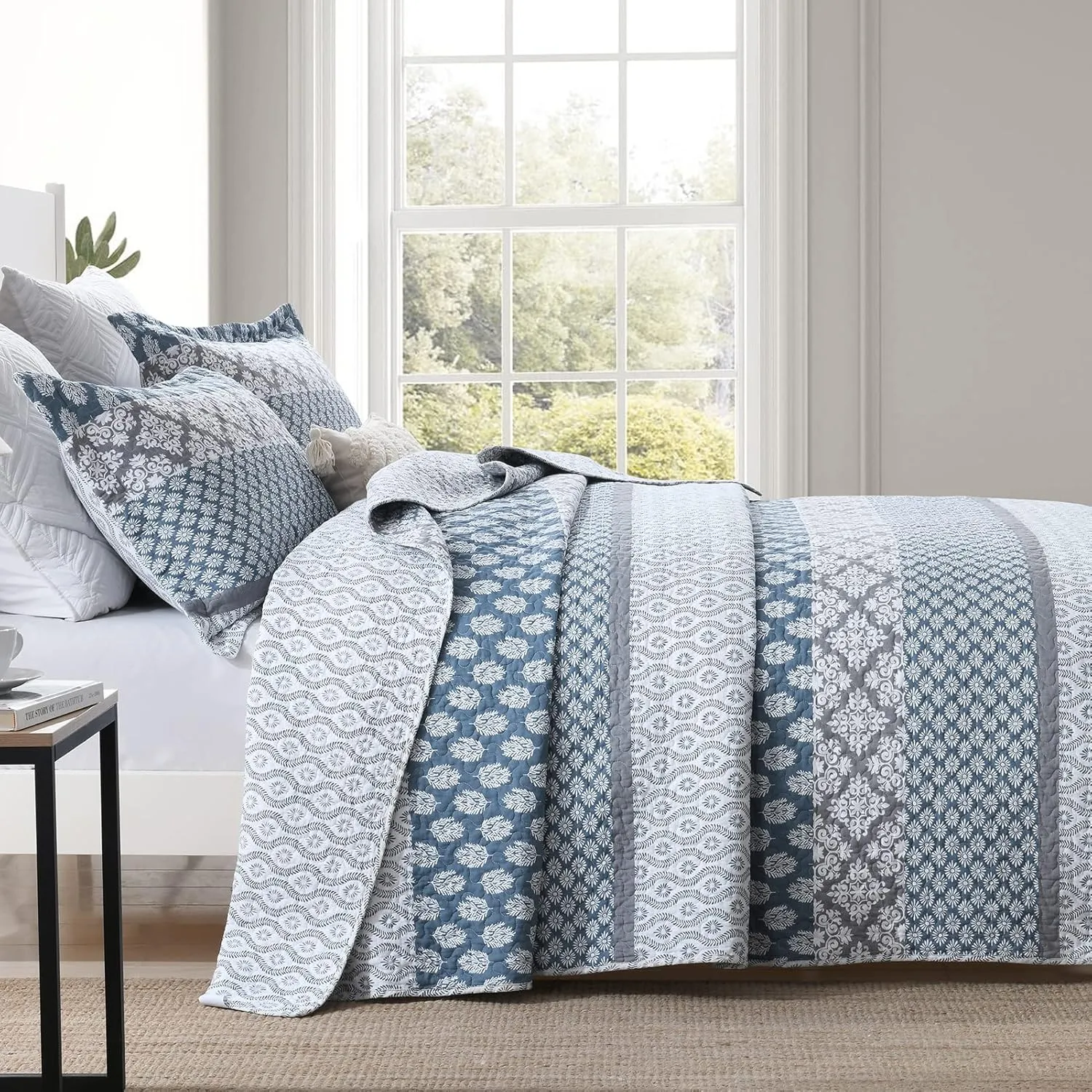 PERHOM Blue Quilt Queen Size - Queen Quilt Set, 100% Long-Staple Cotton Floral Quilt Bedding Set Bedspreads, Patchwork Reversible Lightweight Comforter Bed Spread for All Season, Blue/Gray, 3 Pieces