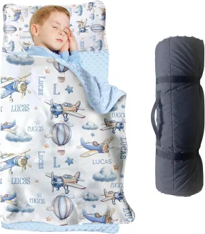 Personalized Toddler Nap Mats for Preschool, Custom Name Kids Sleeping Bag for Daycare, Roll Up Sleeping Mat with Removable Pillow and Soft Dot Minky Blanke for Boys Camping Travel