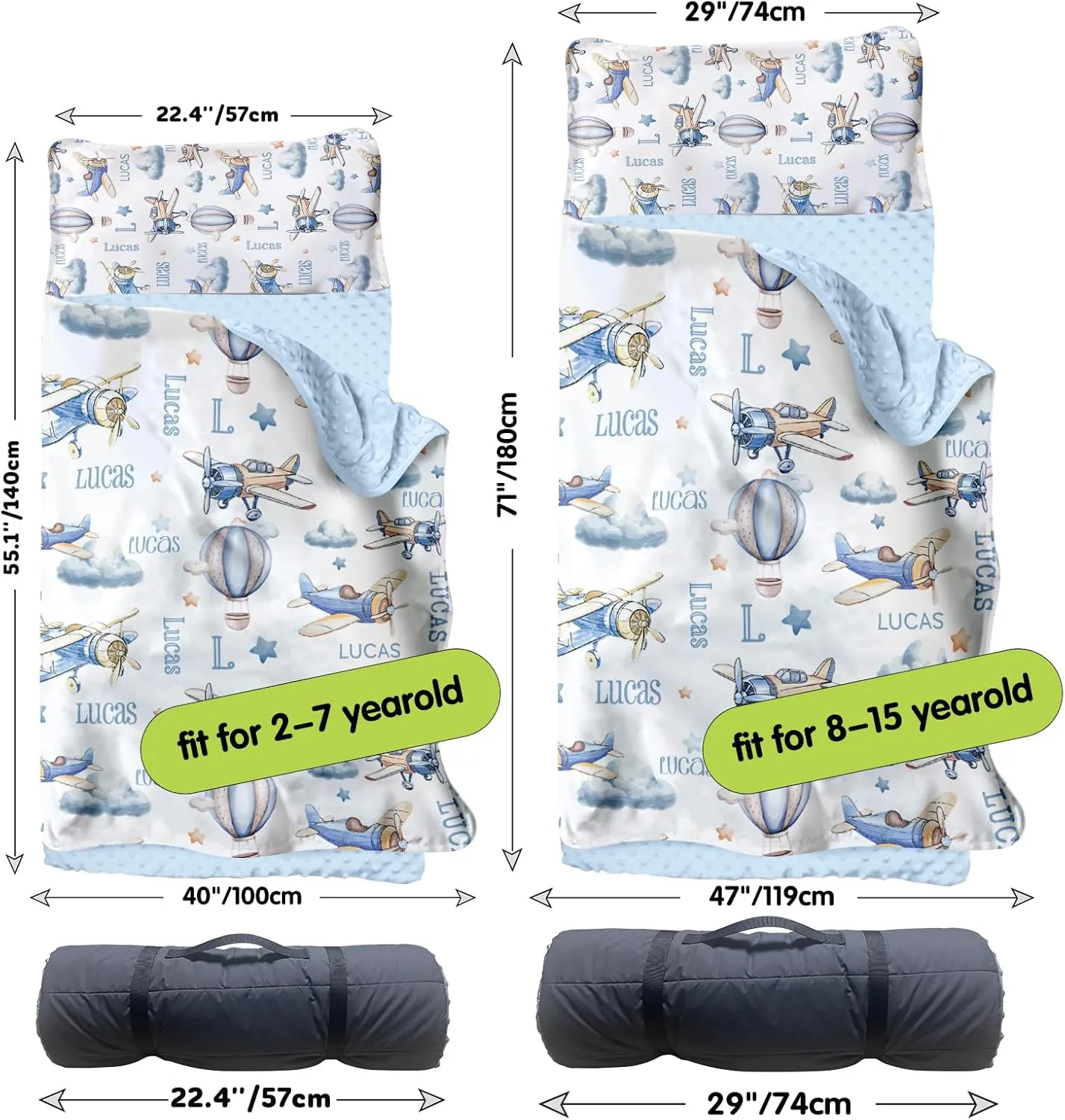 Personalized Toddler Nap Mats for Preschool, Custom Name Kids Sleeping Bag for Daycare, Roll Up Sleeping Mat with Removable Pillow and Soft Dot Minky Blanke for Boys Camping Travel