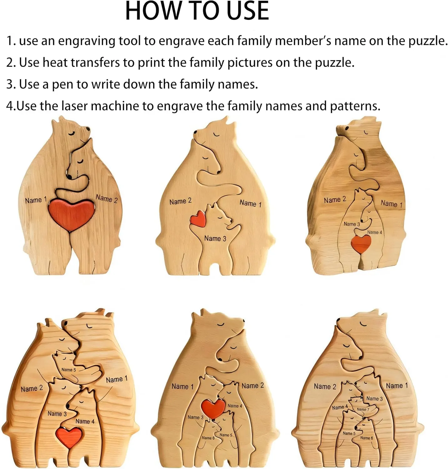Personalized Wooden Art Puzzle, Bear Jigsaw Puzzle with Heart Loving Family Bear Sculpture Decorative House Warming Wood Birthday Gifts for Adults Kids (4 Members)