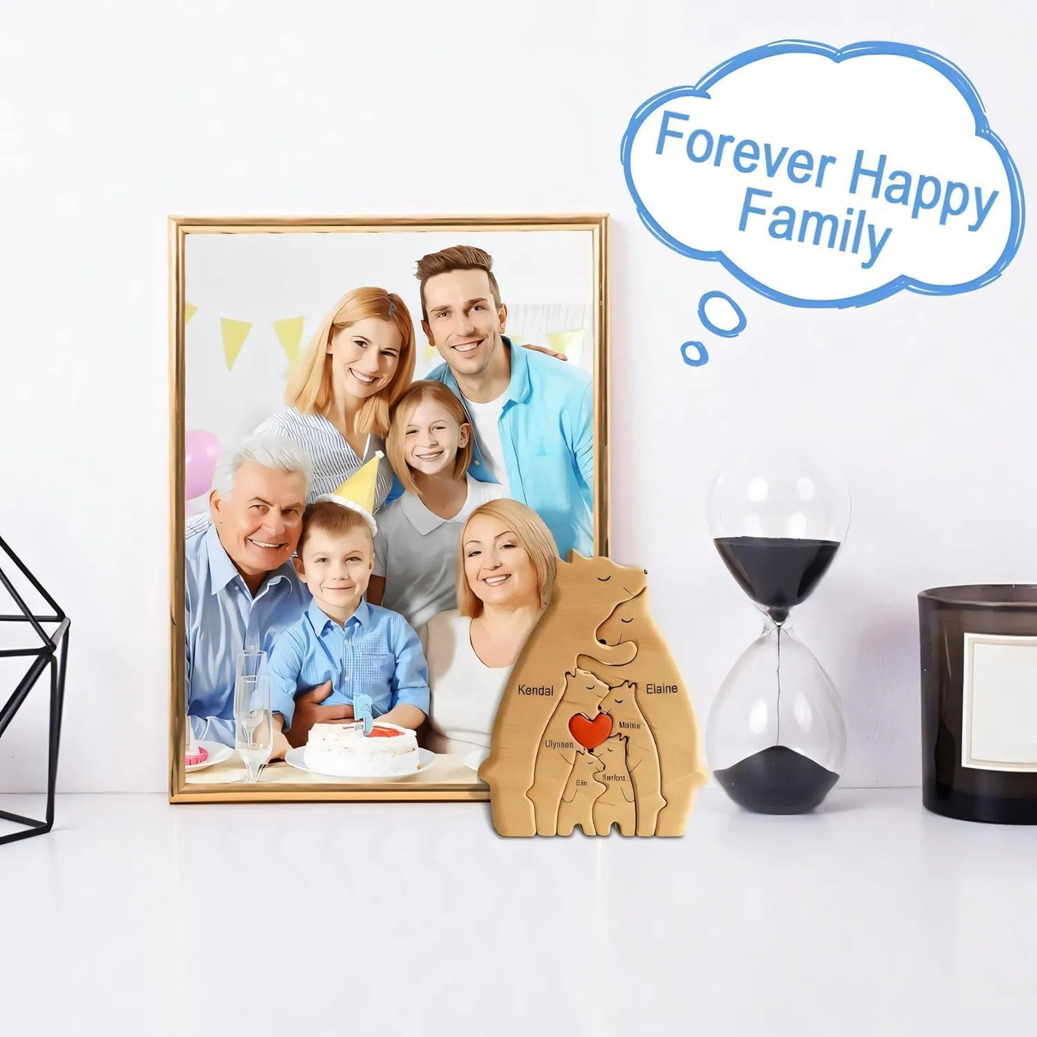 Personalized Wooden Art Puzzle, Bear Jigsaw Puzzle with Heart Loving Family Bear Sculpture Decorative House Warming Wood Birthday Gifts for Adults Kids (4 Members)